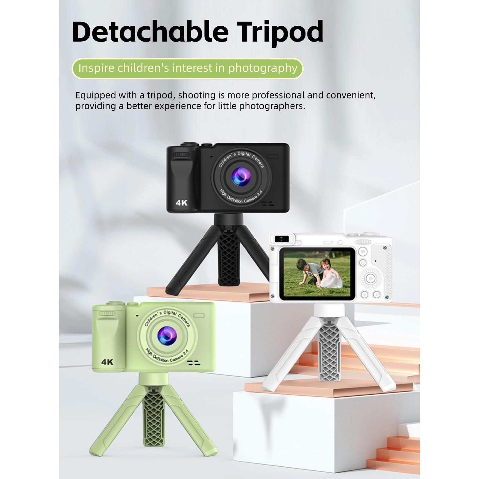 Cámara Digital para Niños con Trípode, 12 MP, 1080P, Doble Lente Frontal y Trasera, Pantalla IPS, HD