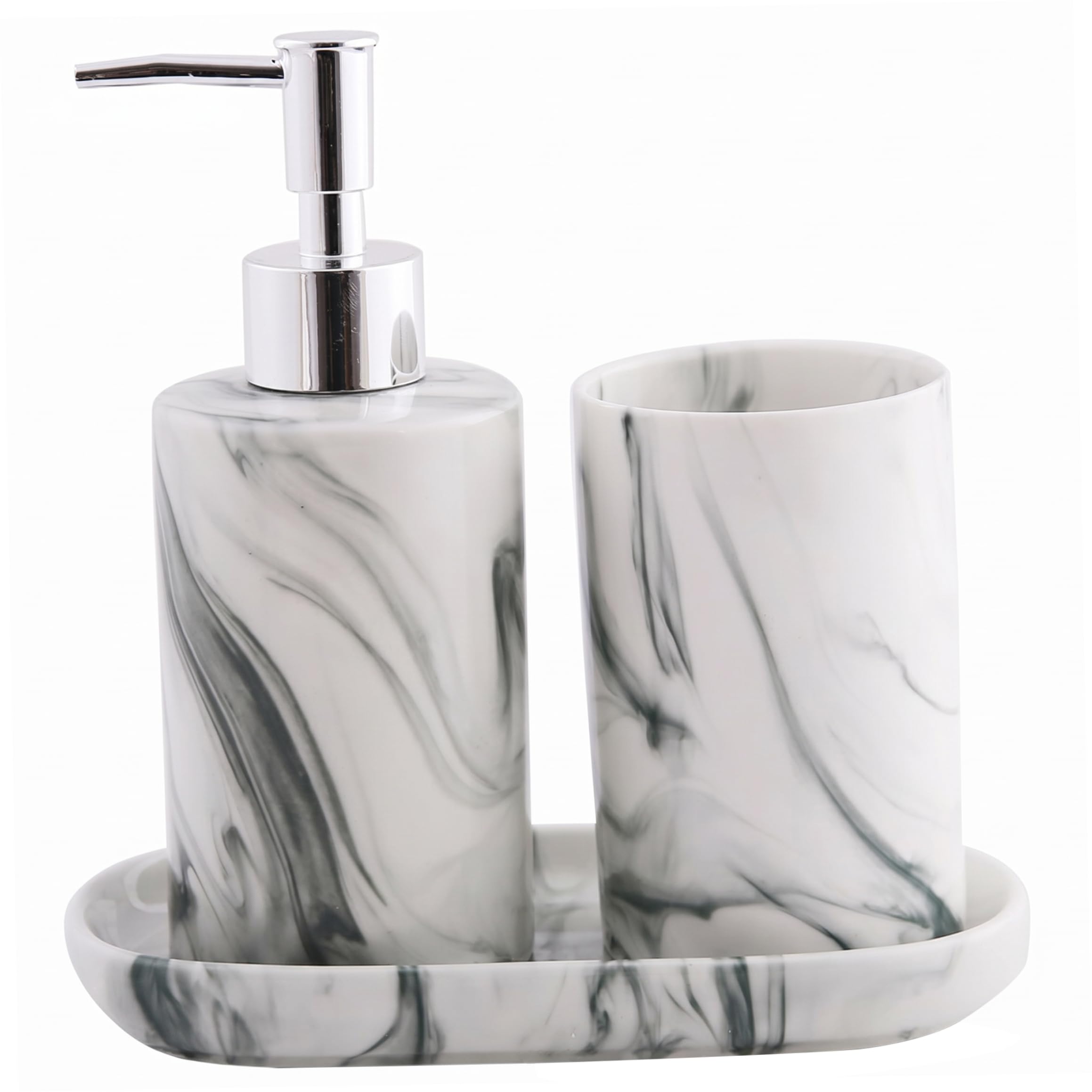 Distributeur savon marbre gris-vert avec porte-brosse à dents céramique moderne