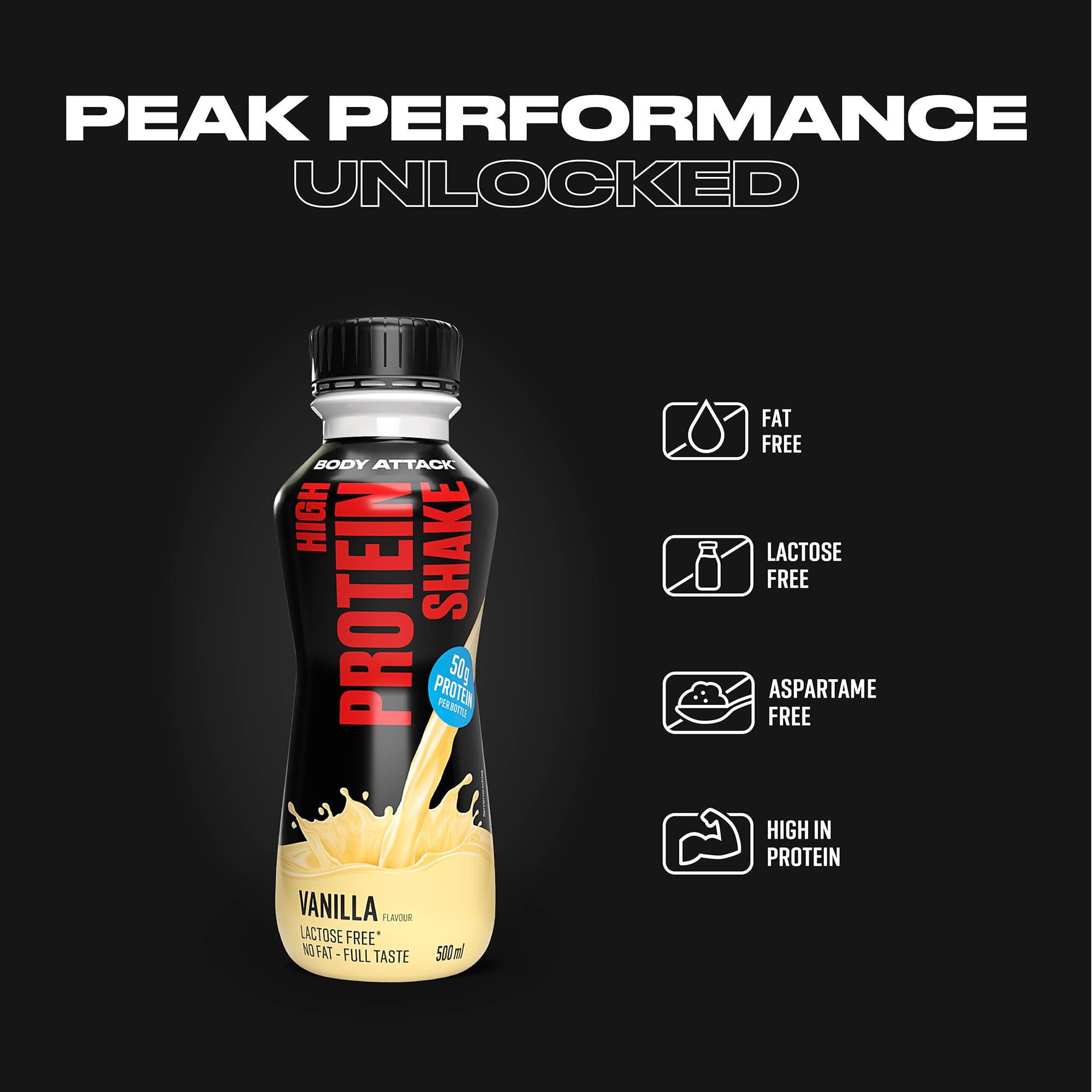 Body Attack High Protein Shake, 50 g, niskokaloryczny shake fitness z białkiem mleka dla rozwoju mięśni, gotowy do picia w podróży, wanilia (12 x 500 ml)