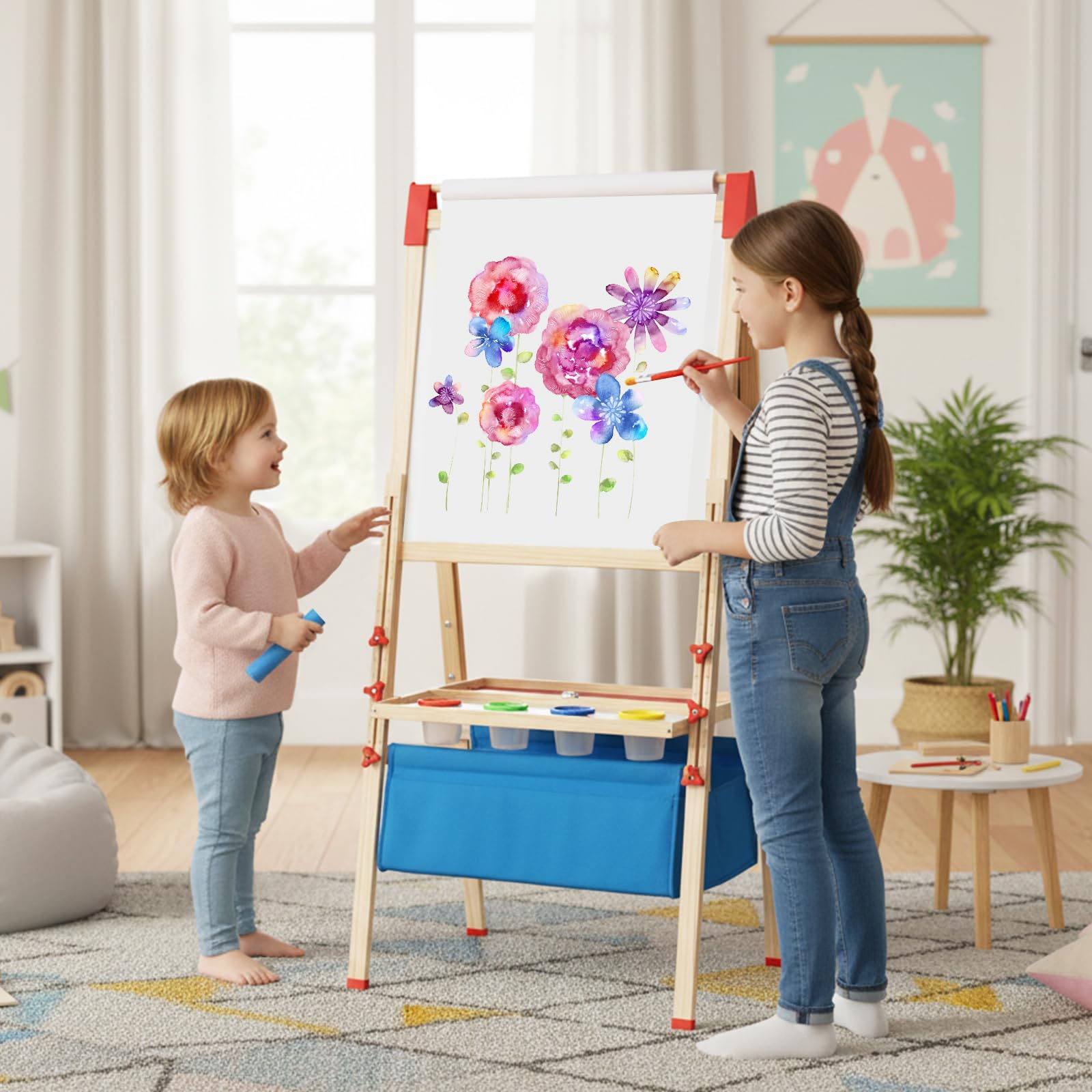 GOPLUS Tableau Enfant Double Face, 3 en 1 Chavalet Enfant avec Tableau Blanc/Noir Magnétiques à Hauteur Réglable avec Rouleau de Papier, Chevalet en Bois pour Garçons et Filles de 3-15 Ans