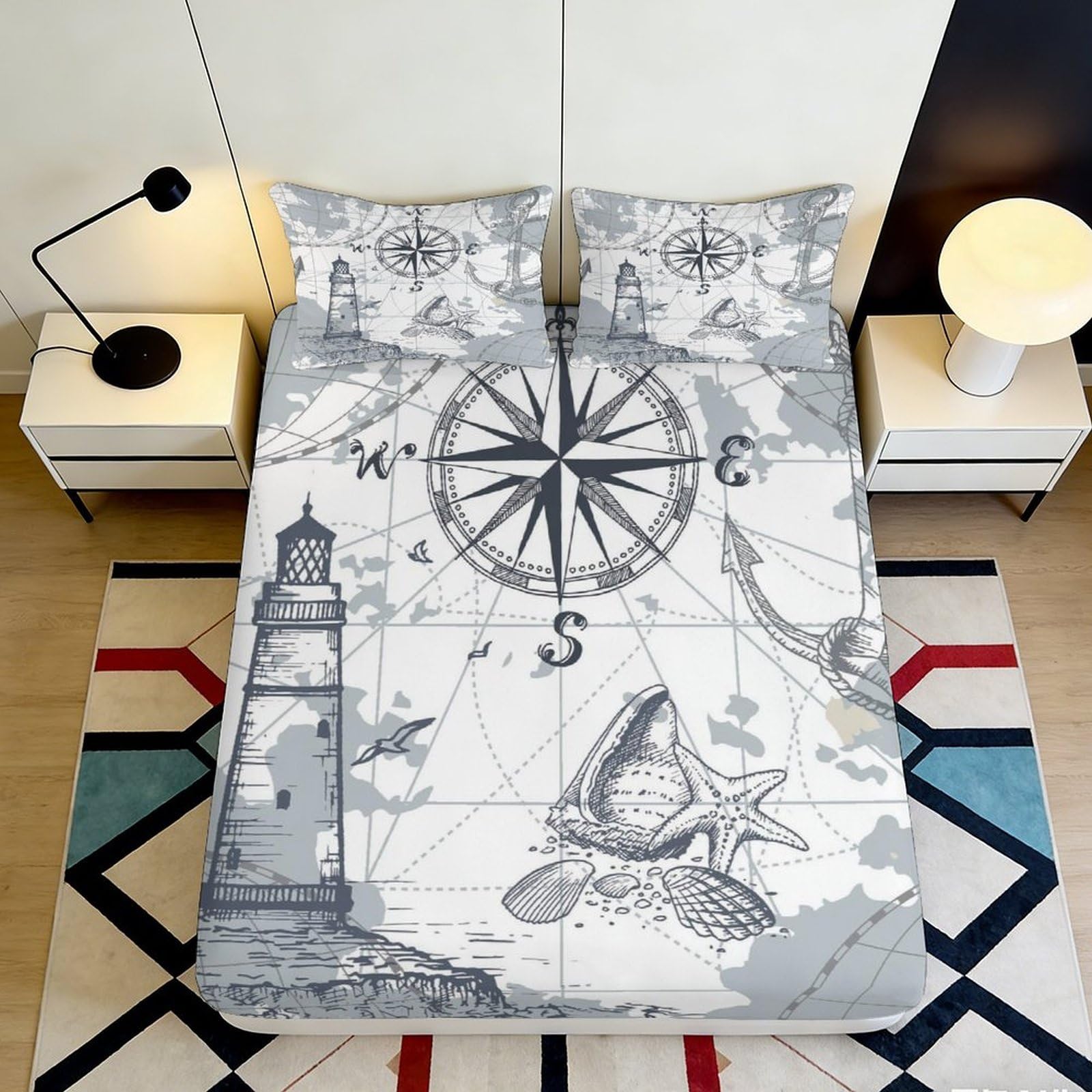 3D Printed Nautical Compass Fitted Sheet Microfiber Lighthouse Map Bed Cover for Bedroom Guest Room Dustproof Easy Care 90x200x25cm