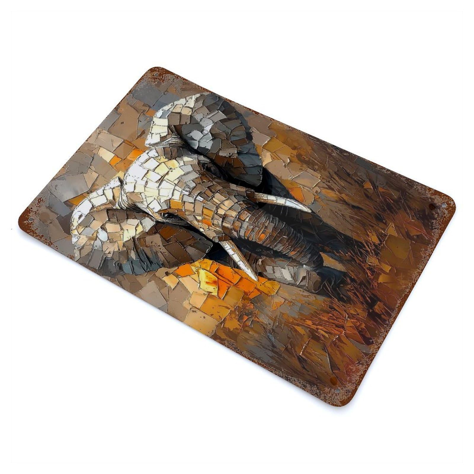 Retro Metal Sign with Majestic Elephant in Dynamic Impasto Art Design 11.8"x7.9", for Bistro, Counter And Cafe Decor, Shabby Chic Decor