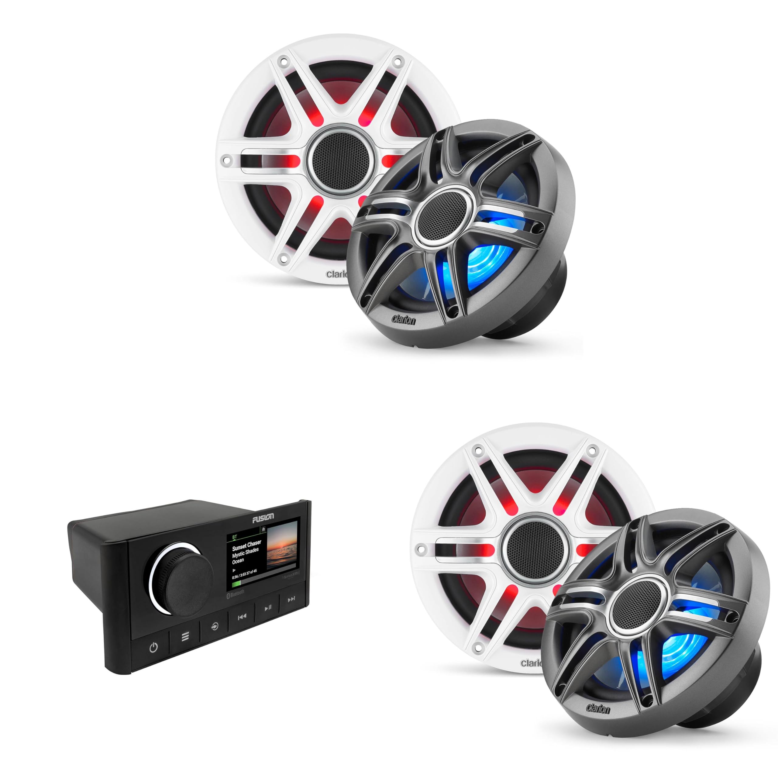 Fusion MS-RA670 Apollo Source Unit w/ (2 Pair) Clarion CMSP-651RGB-SWG Premium 6.5-inch Coaxial Marine Speakers with Built-in RGB Illumination (Includes White & Gray Sport Grilles)