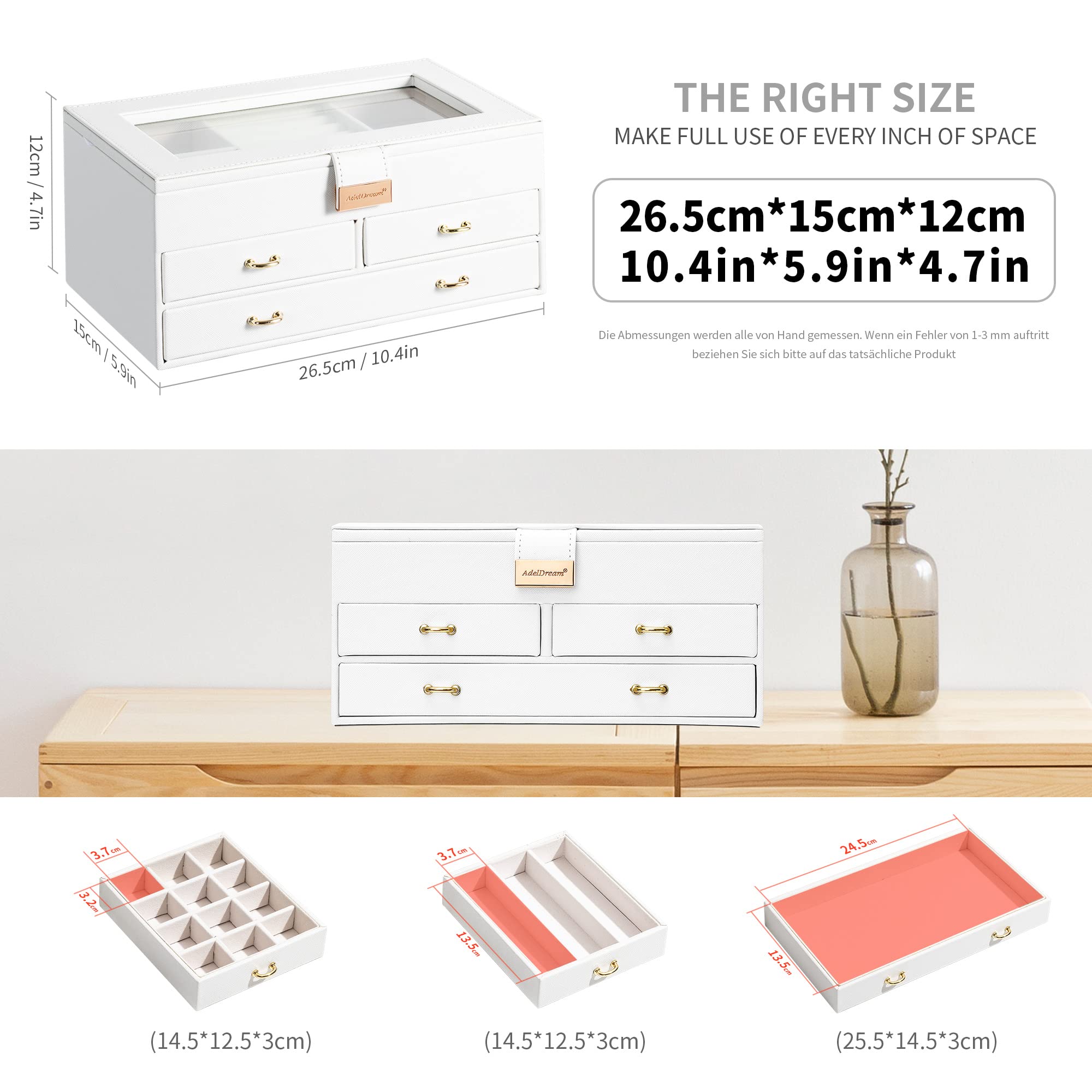 ADEL DREAM Portagioie a 3 Livelli con Fibbia in Oro Rosa, Custodia per Gioielli in Pelle PU, Regalo in Morbido Velluto per I tuoi Cari e Amici, Bianco-11-6,