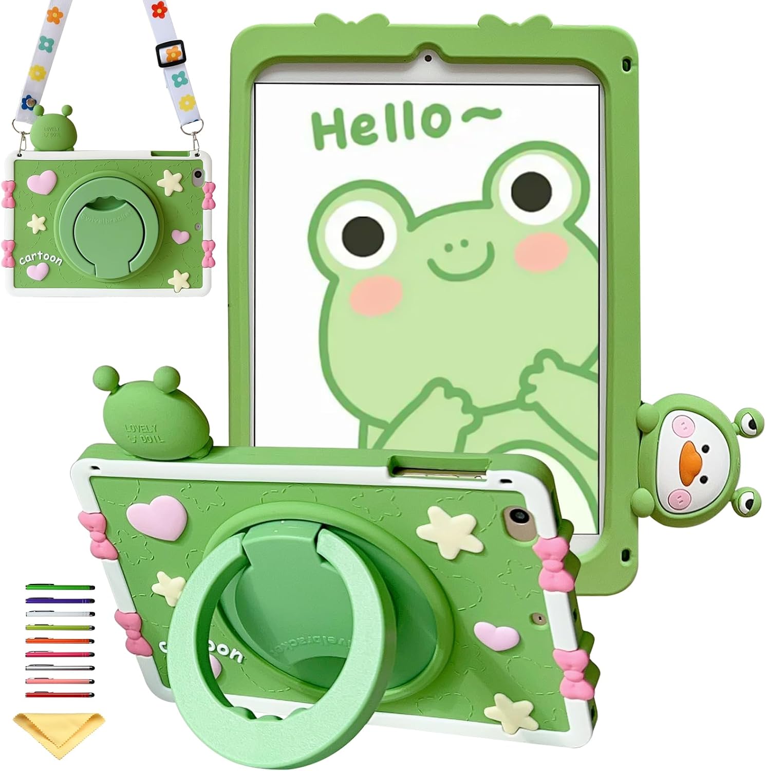 Kids Case for iPad 9th/8th/7th Gen 10.2" (2021/2020/2019),iPad Air 3rd Gen 10.5 inch 2019/ iPad Pro 10.5" 2017, UUcovers 360° Rotating Ring Handle Stand Cover with Shoulder Strap, Green Frog Duck