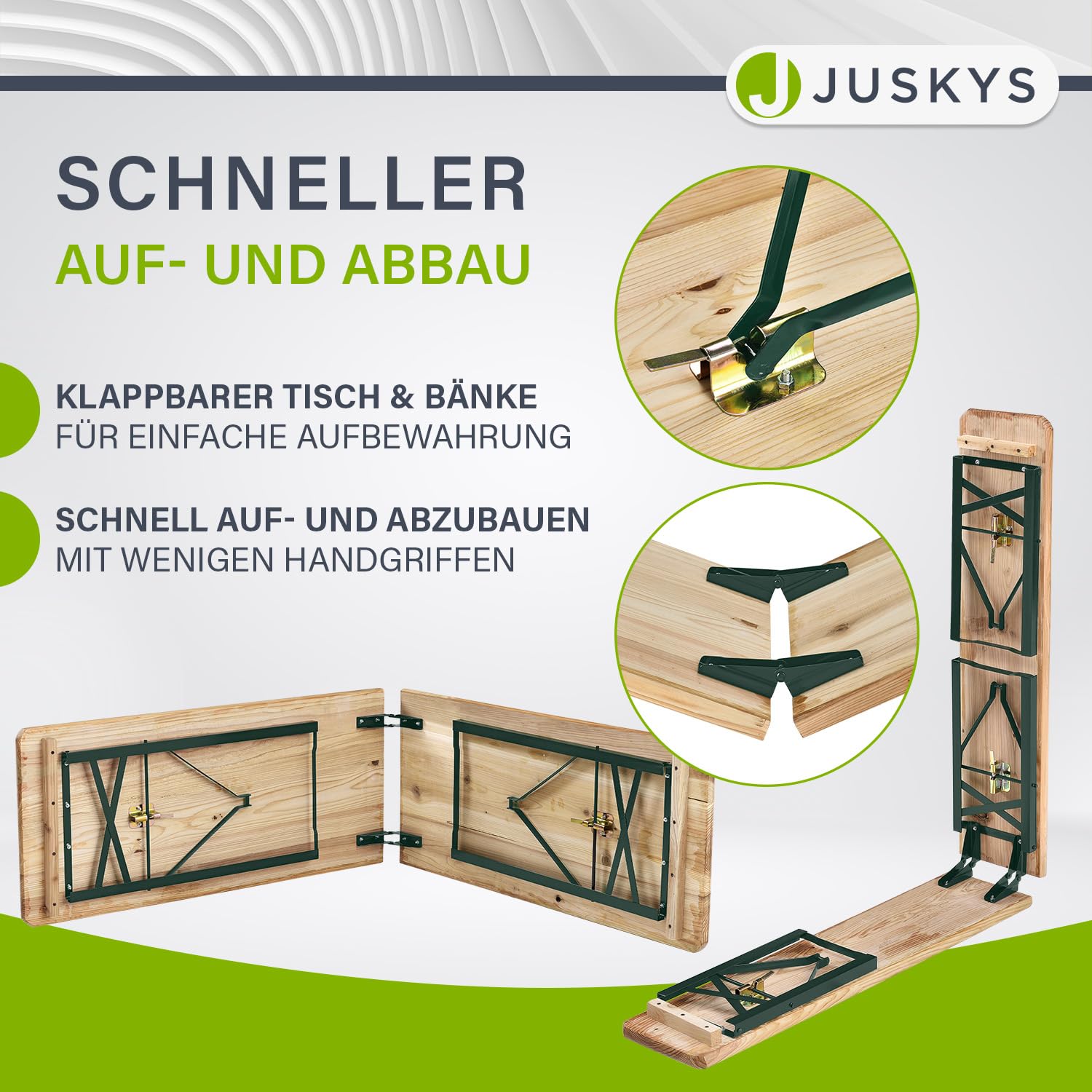 Juskys Set da giardino 3 pezzi, tavolo da birra pieghevole 220 cm e panche in legno di abete, finitura naturale, per tende da festa e uso esterno