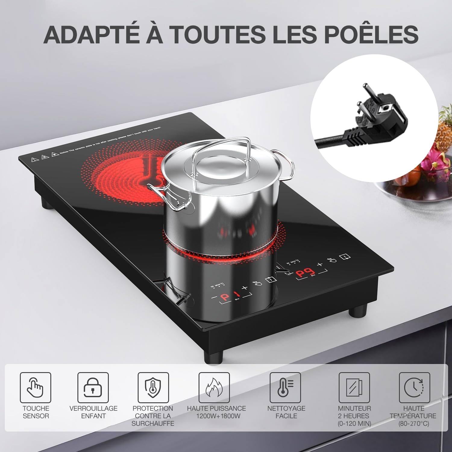 ANHANE Plaque Vitroceramique 2 Feux, Encastrable rechaud electrique 30cm | Plaque de cuisson électrique 3000W avec sécurité enfant, commande tactile, 9 niveaux, pour camping, cuisine et studio