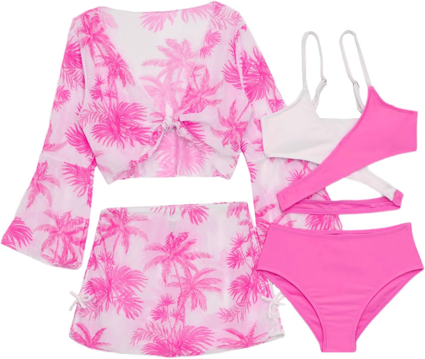 Kids Girls 4Pcs Tropical Print Bikini Top and Briefs with Chiffon Cover Up Top and Skirt Beachwear