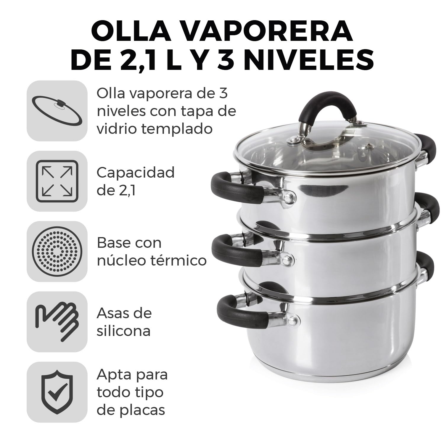 Tower Essentials T80836 Olla de Acero Inoxidable Pulido para Cocinar al Vapor de 3 Niveles con Tapa de Cristal – Cacerola para Inducción con Asas de Silicona – 18 cm