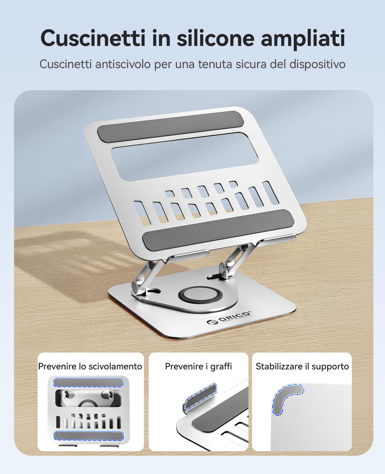 ORICO Supporto PC Portatile Ergonomico, Laptop Stand Regolabile 360° con Base Girevole, Supporto in Alluminio con Fori, per Scrivania, Compatibile con Notebook e Tablet 11-17", Argento ST12