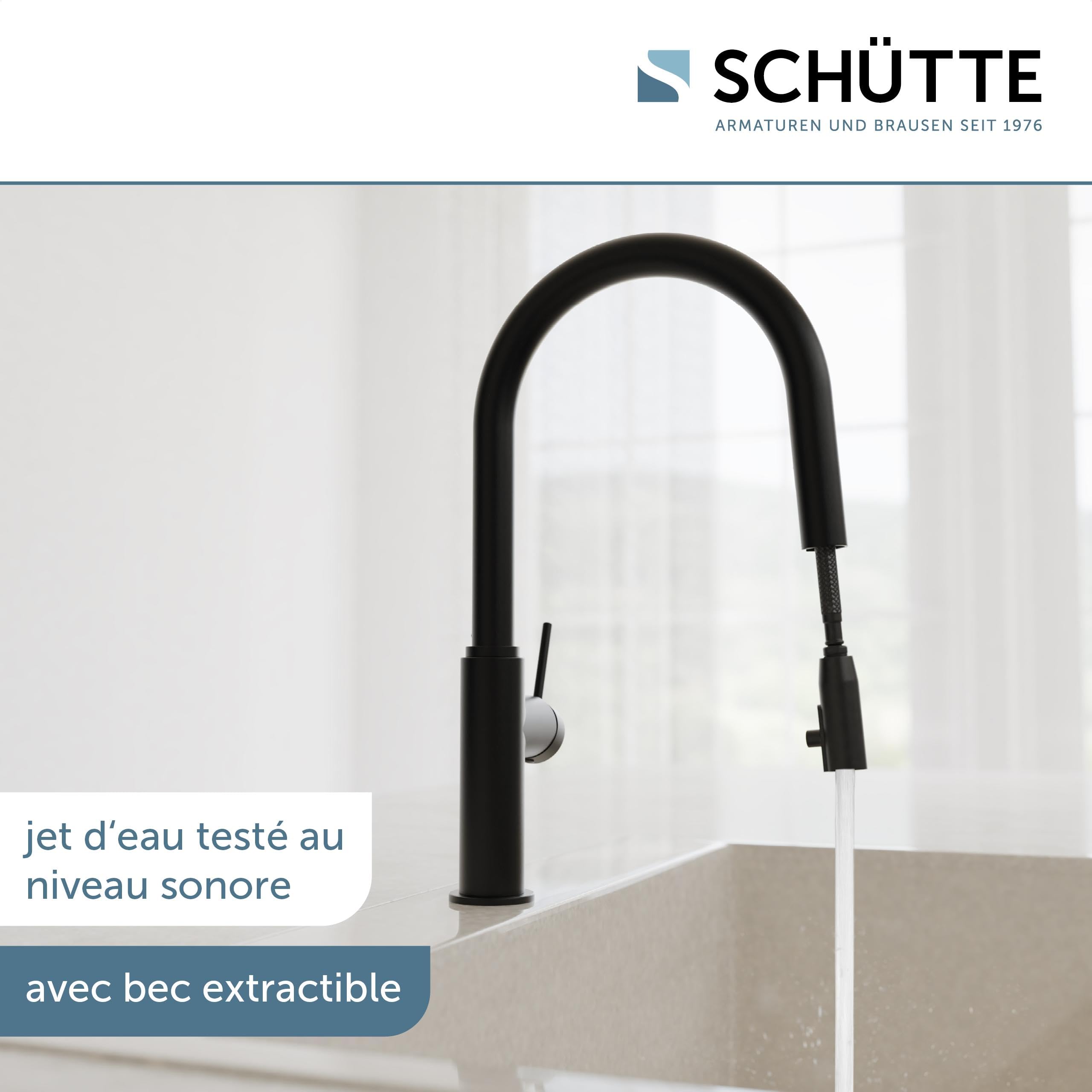 SCHÜTTE Blackpool 79566 Robinet de cuisine avec douchette extractible, robinet 360 degrés pour la cuisine, mitigeur monocommande, mitigeur d'évier avec douchette extensible, noir
