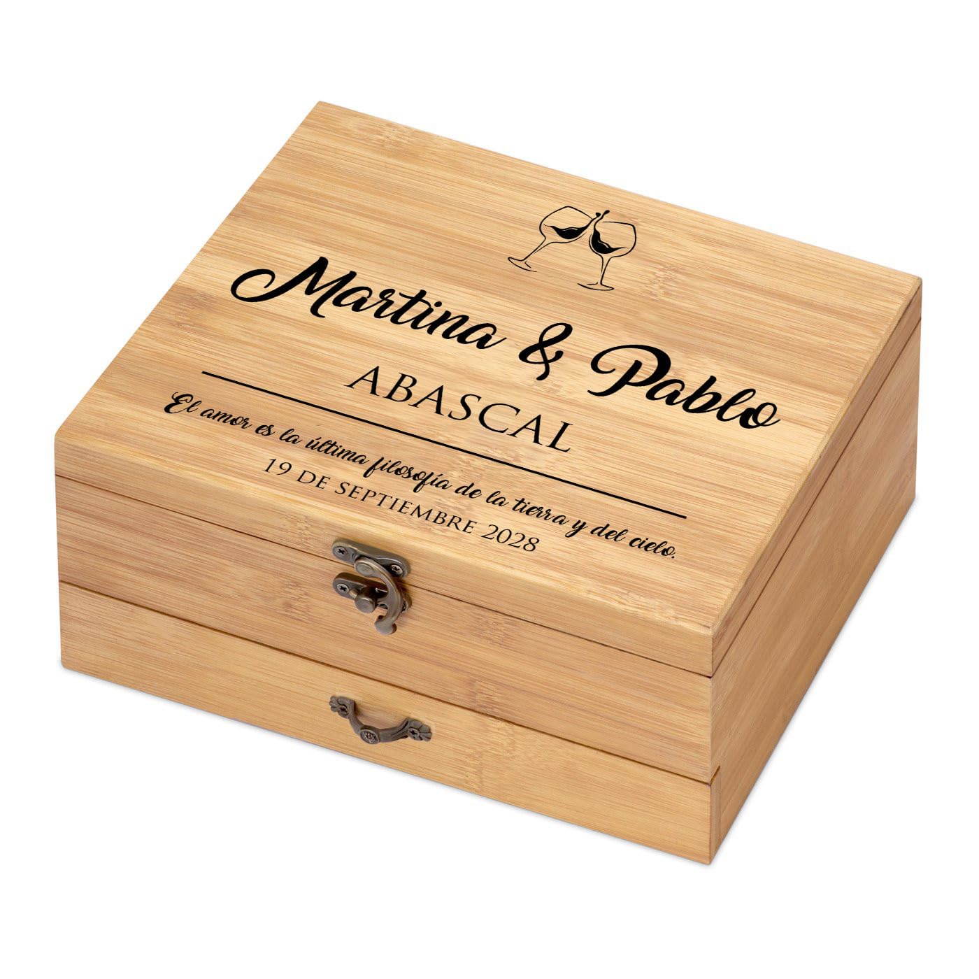 Maverton Set de Vino Personalizado - Regalos Originales para Hombre y Mujer - Caja de Bambú con Tapa - Incluye Tapones Sacacorchos Termómetro y Anillo Antigoteo - Para Aniversario Boda Parejas - Cielo