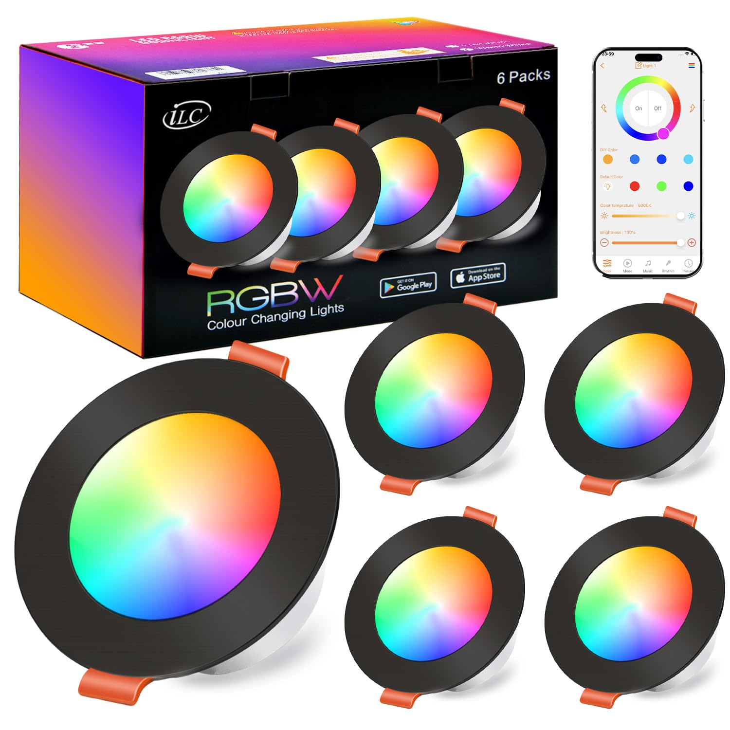 iLC LED Downlights for Ceiling, Work with Alexa(Echo Device Required) Φ68-85mm, Colour Changing DownLights, Black Smart Recessed Ceiling Lights with APP Control, 800LM, 2700K-6000K + RGB (Pack of 4)