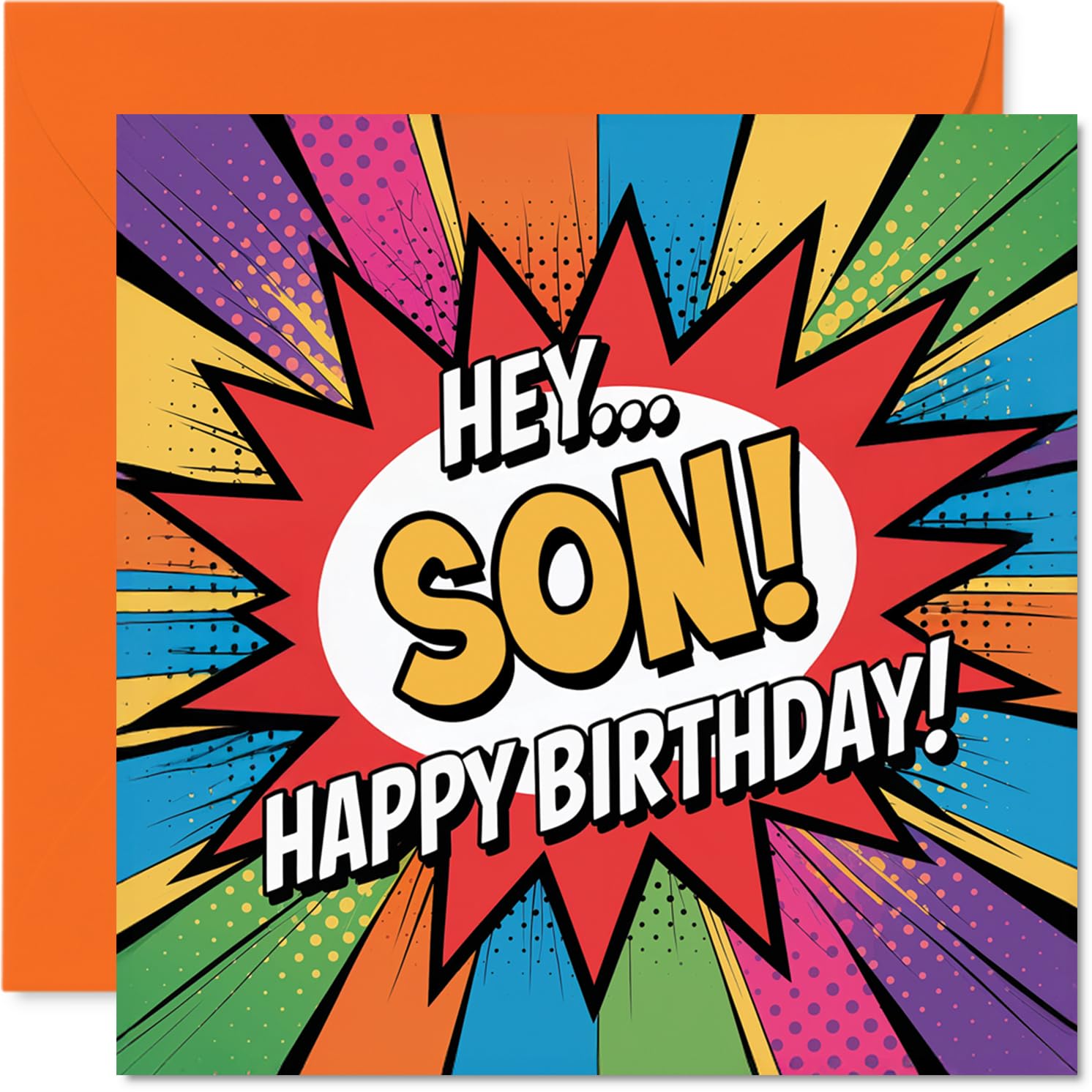 Playful Birthday Card for Son - Bursting with Birthday Cheer - Vibrant Comic-style Design with Bold Multicolour Text - Sure to Make Your Son Smile - 145mm Square, Envelope Included
