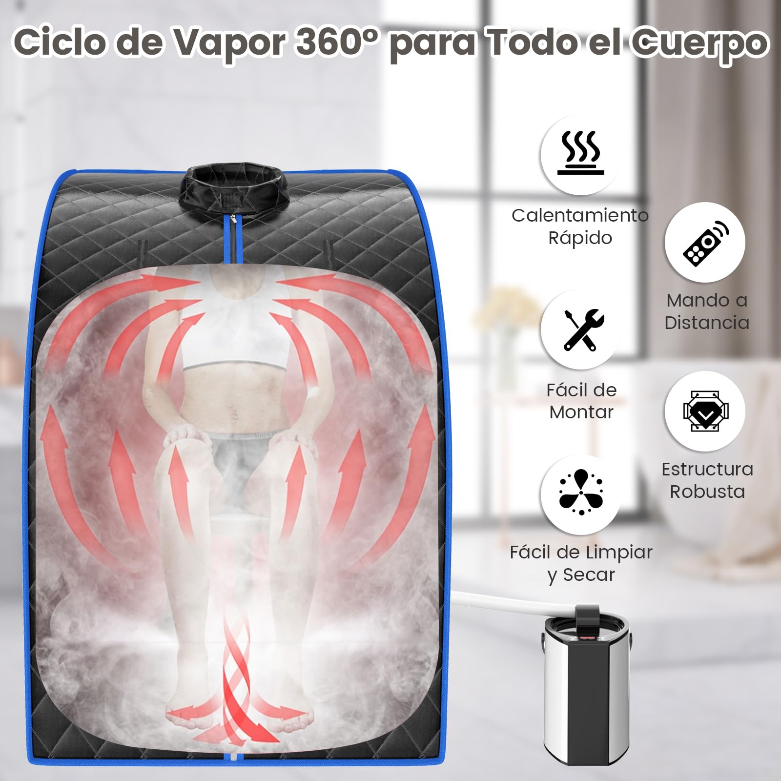 RELAX4LIFE Mini Sauna de Vapor 3L con Temporizador 15-90min y Temperatura Ajustable en 9 Niveles, Sauna Portátil 1000 W con Mando a Distancia y Múltiples Accesorios (Negro)