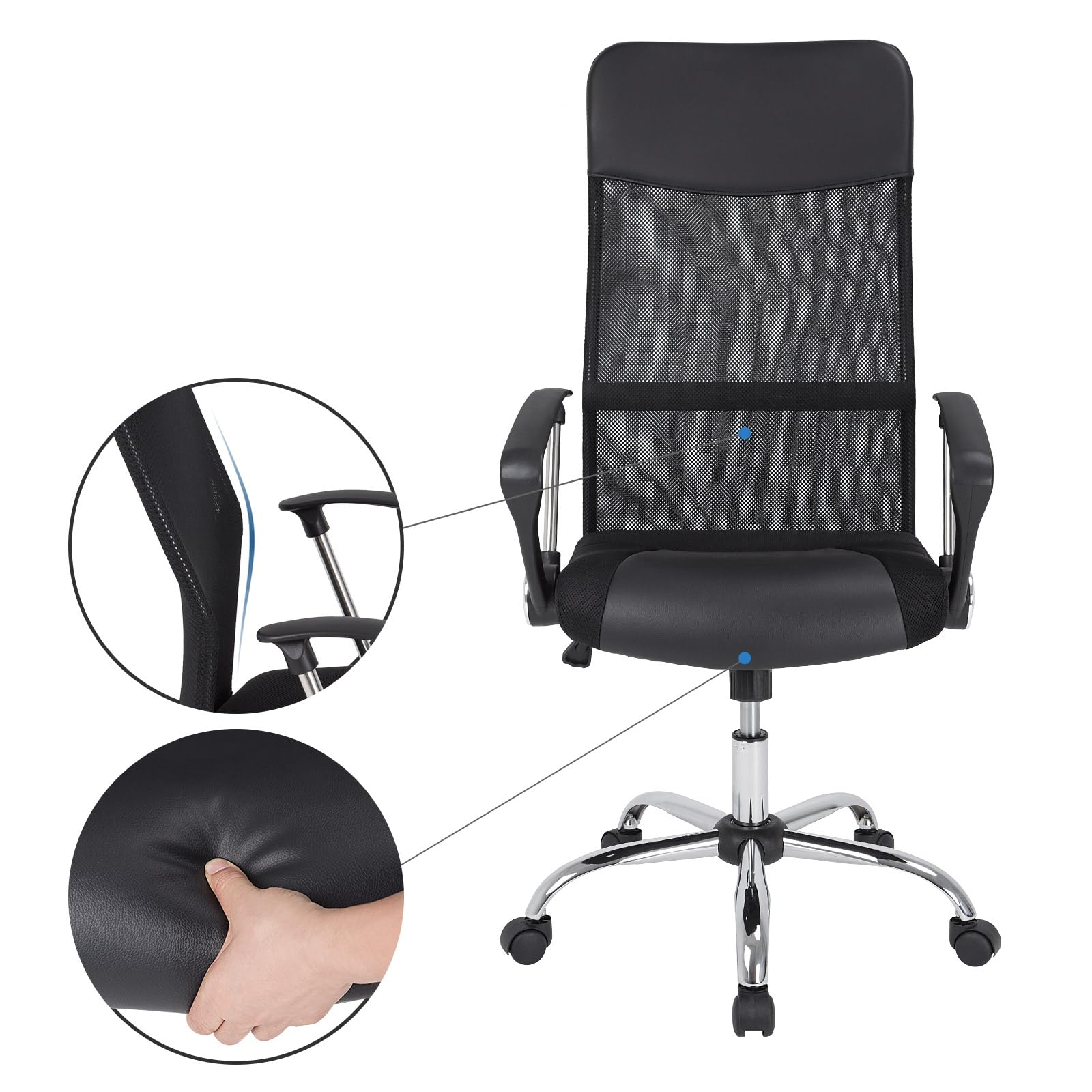 Casaria ergonomischer Bürostuhl höhenverstellbar Schwarz | 360° drehbar, Lenden- und Kopfstütze, Härtegradeinstellung, Schreibtisch, Lenden- und Kopfstütze, Wippfunktion, Mesh