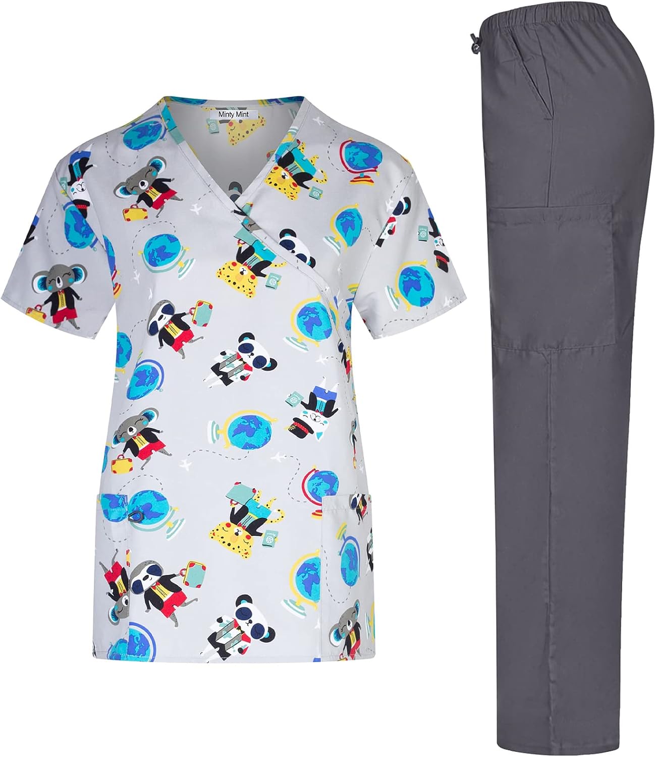 Minty Mint Women's Micro Fiber Printed Top Stretchy Scrubs Sets with Straight Pants