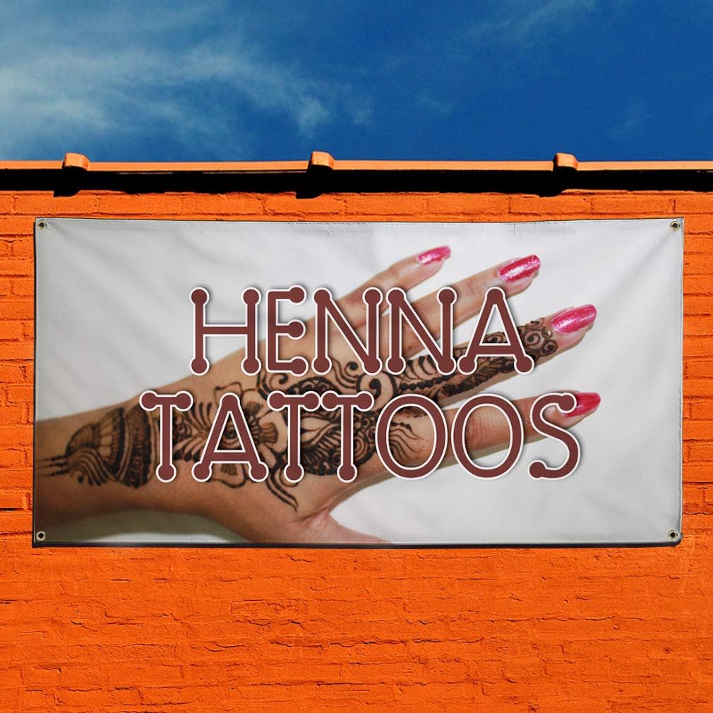 Vinyl Banner Sign Henna Tattoos #1 Business Dye Outdoor Marketing Advertising Brown - 20inx50in, 4 Grommets, One Banner