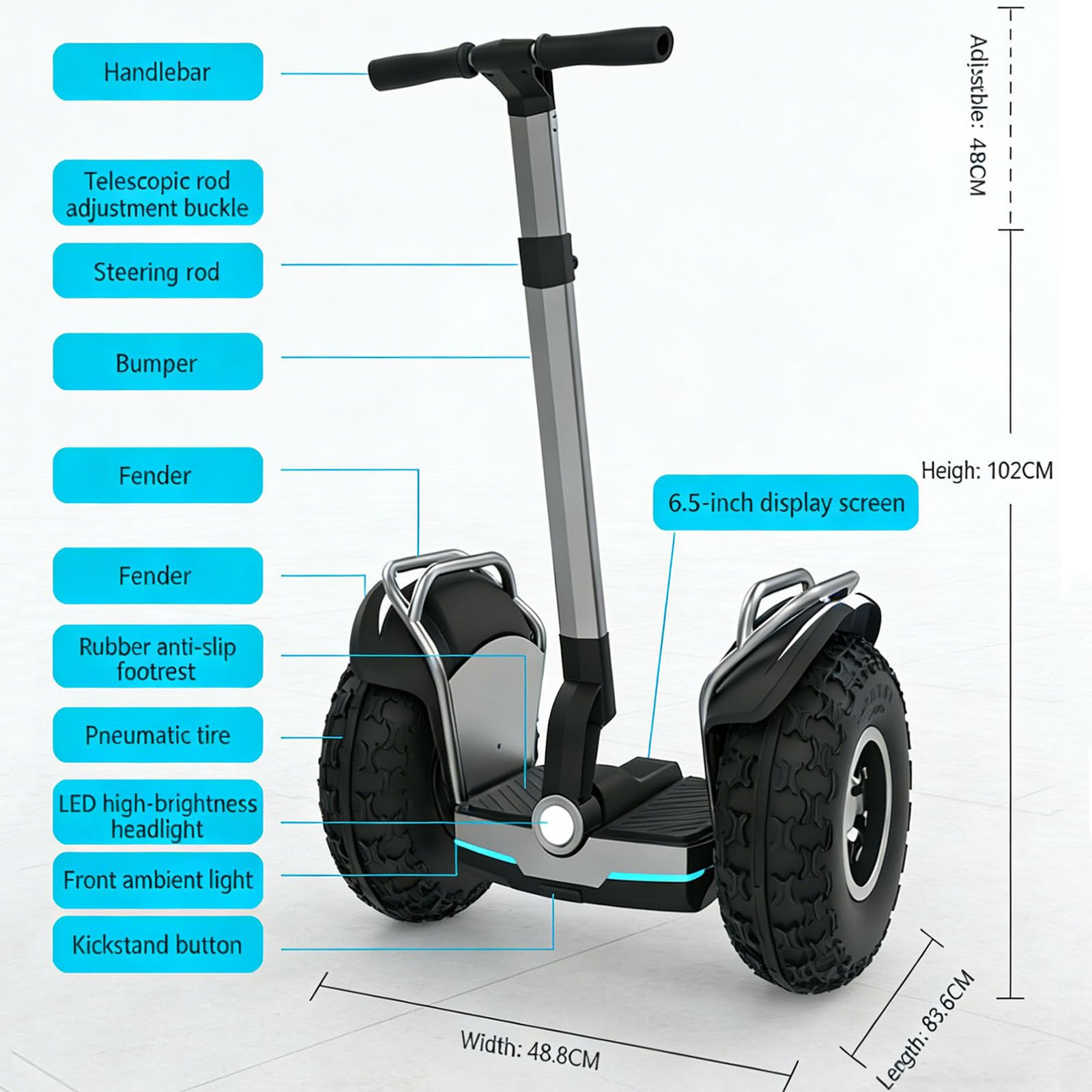 Monopattino Autobilanciante Per Adulti, Veicolo Autobilanciante Per Tutti I Terreni Da 19 Pollici, Impermeabile Ip54, Capacità Di Carico 150kg, Adatto Per Gli Spostamenti Quotidiani Silver-45km