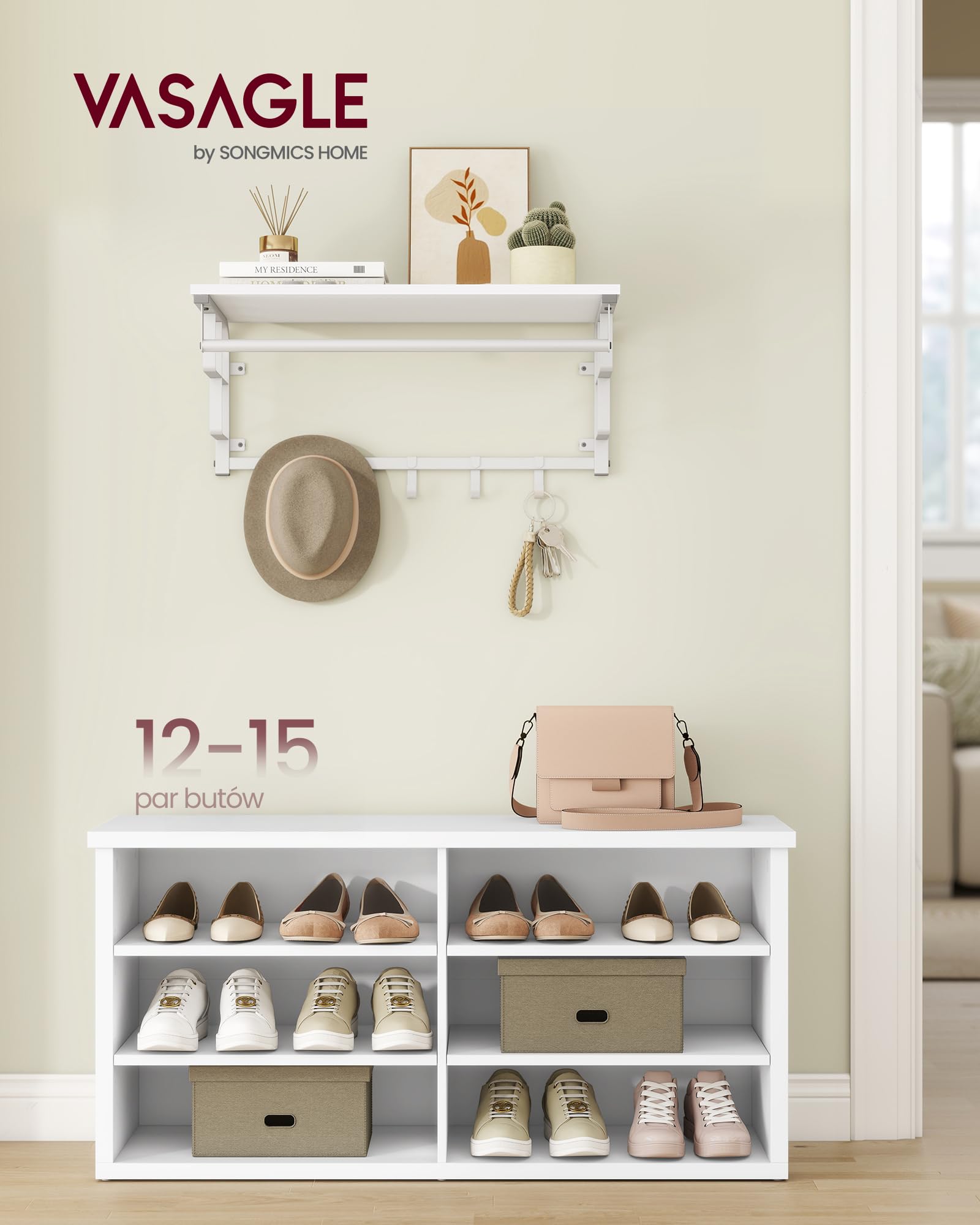 VASAGLE Ławka na buty, ławka ze schowkiem, 6-poziomowa półka na buty, regulowane półki, do salonu i przedpokoju, 29,5 x 100 x 50 cm, kolor Cloud White LSB036W01