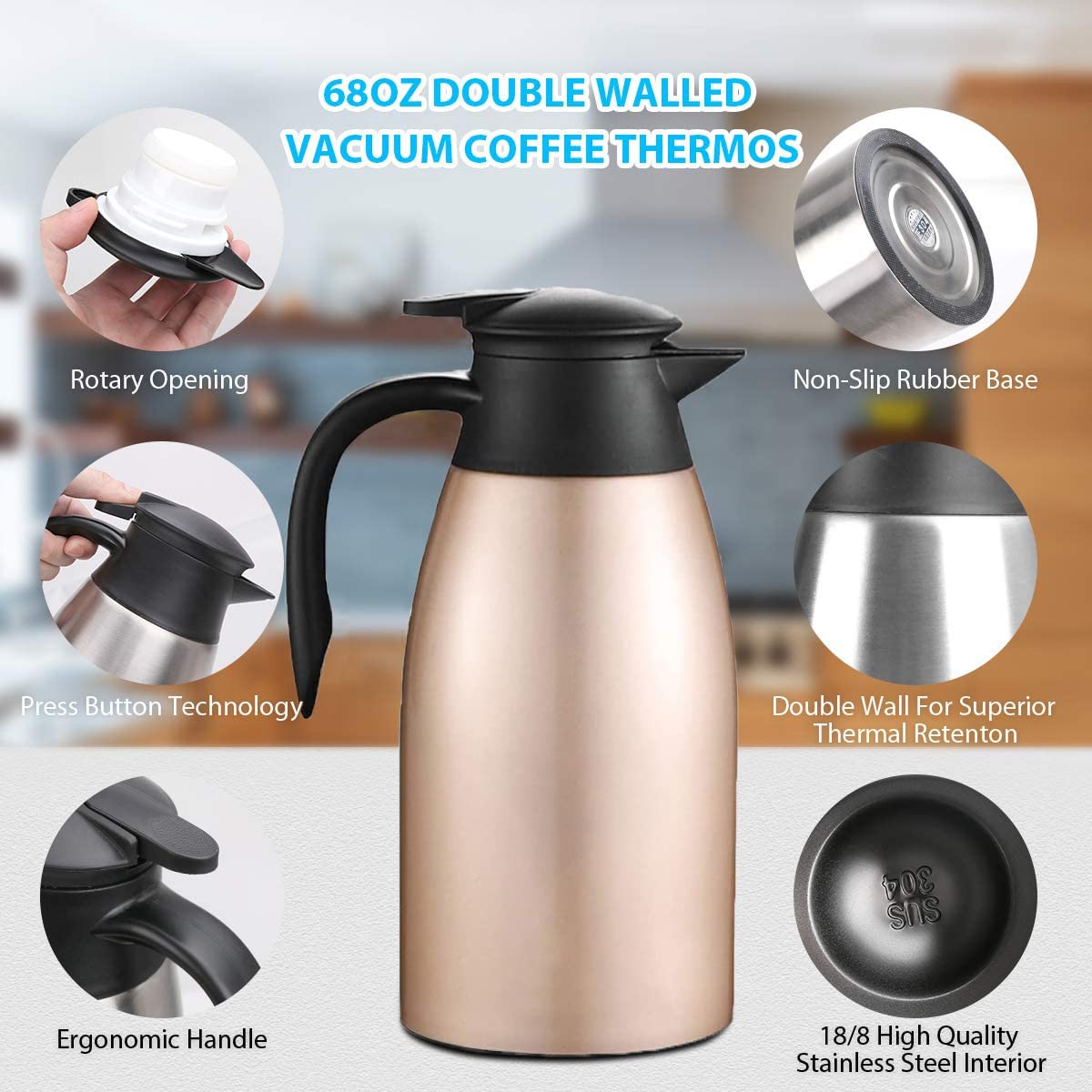 Thermos - Thermos da 2 l, in acciaio inox, con chiusura a punta rapida, per tè e caffè, colore: oro