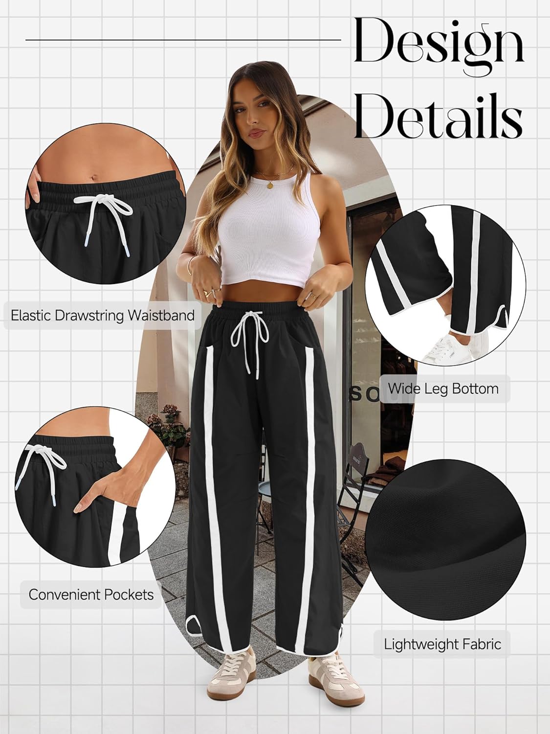 Women's Wide Leg Track Pants Baggy Drawstring High Rise Side Striped Casual Lightweight Parachute Pants with Pockets