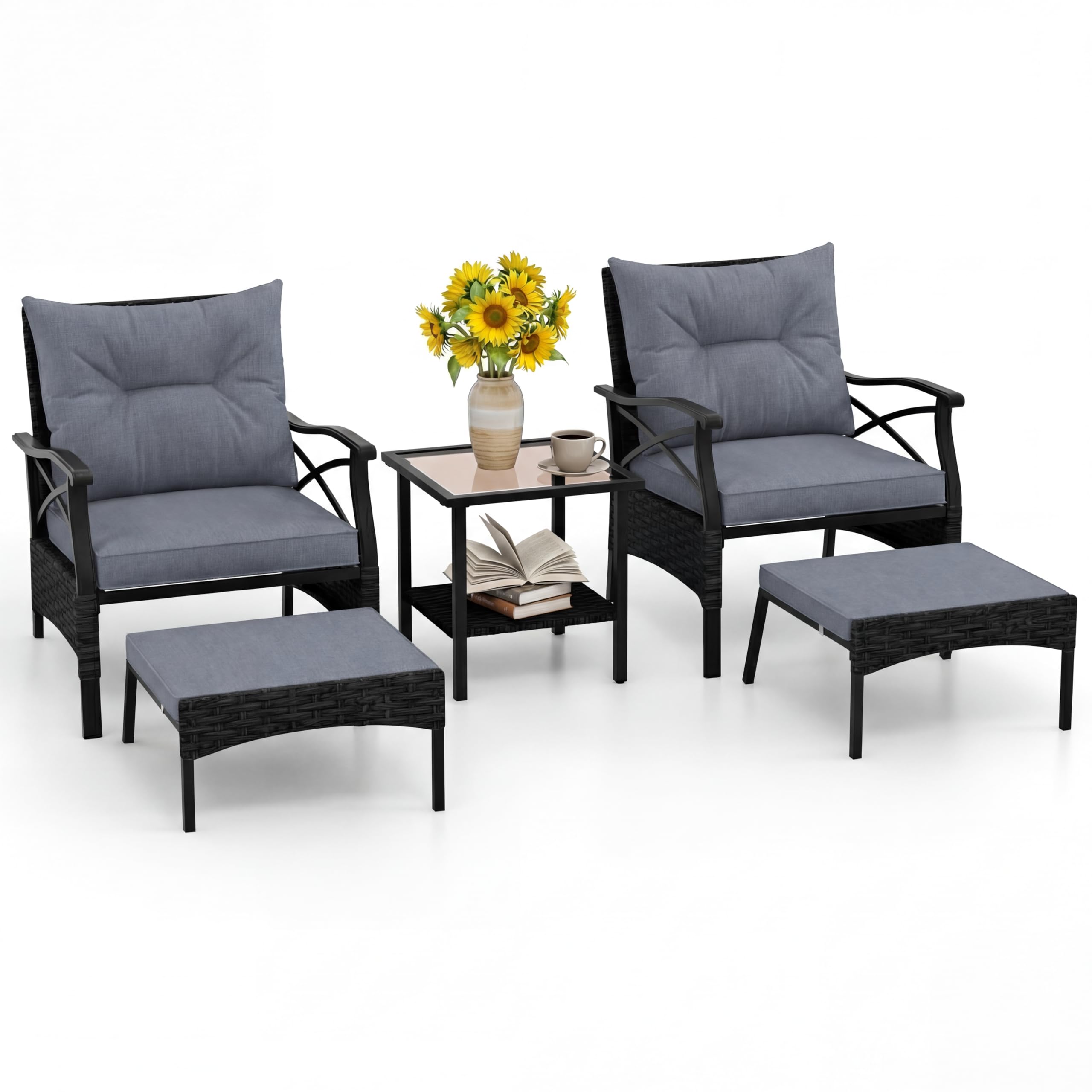 Giantex 5-teiliges Rattan Gartenmöbel Set, Balkonmöbel Kleiner 2-4 Personen, Lounge Möbel Outdoor mit Tisch, 2 Sessel, 2 Hocker, inkl. Rückenkissen & Sitzkissen, Terrassenmöbel