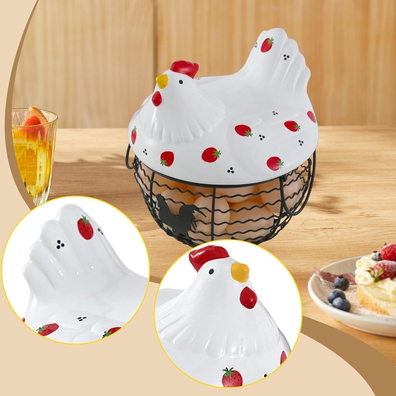 Cesta Recolectora de Huevos de Gallina con Figura Decorativa de Cerámica para Encimera Cocina y Verduras, Style a