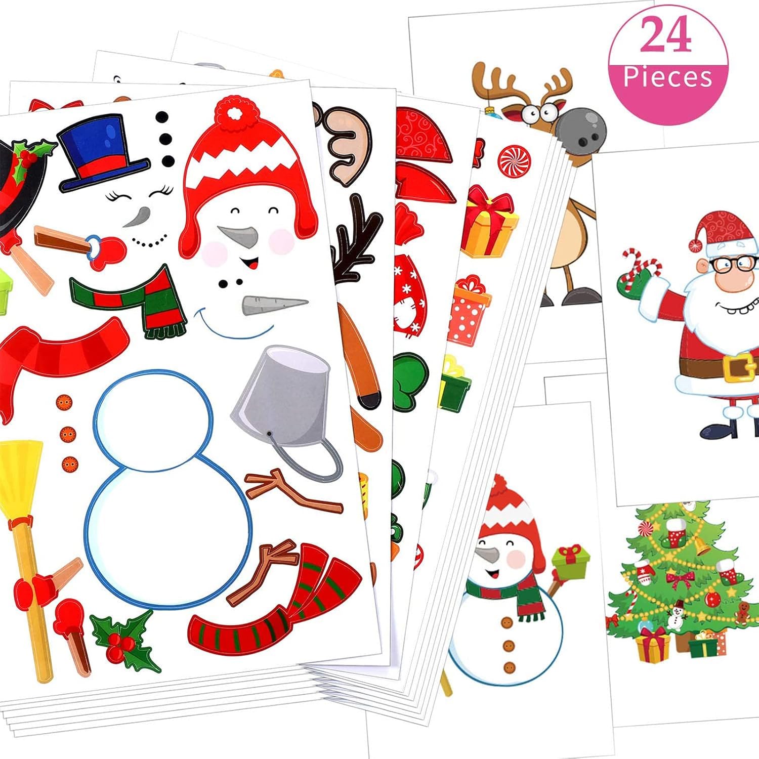 24 Christmas Party Games Mix and Match Stickers for Kids Christmas Theme Party Favors, Fun Craft Project for Children Snowman Elk Santa Claus Christmas Trees Sticker Game Favorite Christmas Stickers