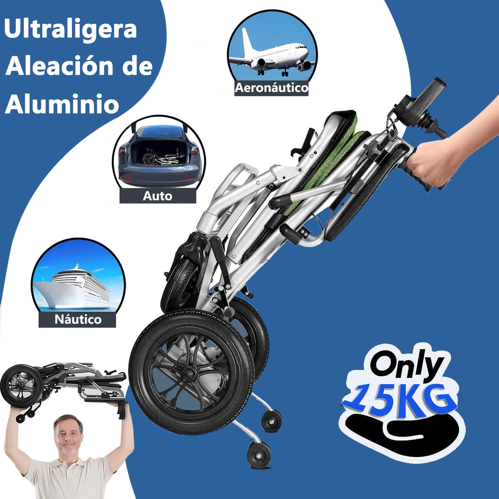AMITD Silla de Ruedas Eléctrica Plegable Ligera, Doble Control, 15kg, Autonomía 20 km, Carga 120 kg, Todo Terreno, Certificación Aeronáutica, Doble Batería de Litio Extraíble, para Disabili, Anziani