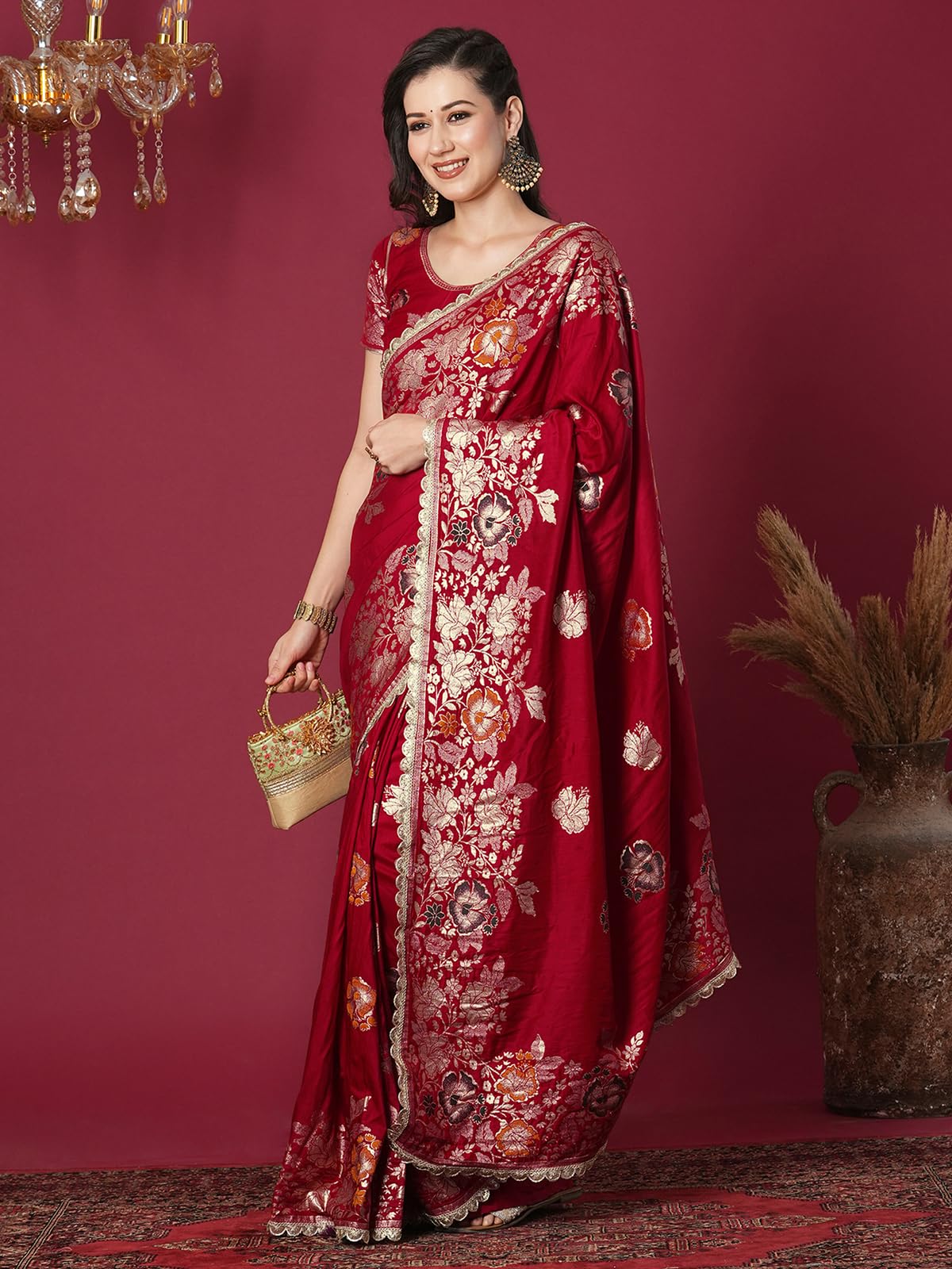Satrani Women's Cotton Silk Banarasi Jacquard Saree With Unstitched Blouse Piece (4067S6420N_Red)