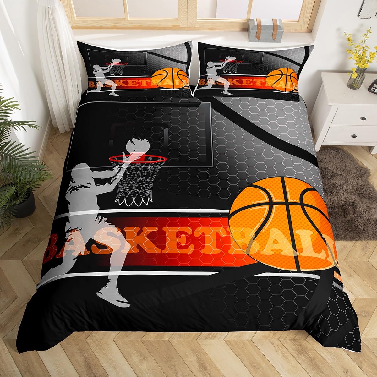Boys Basketball Bedding Set King,Sports Themed Duvet Cover for Kids Bedroom Decor,Honeycomb Beehive Bed Set Geometric Hexagon Duvet Cover 3Pcs (No Comforter)