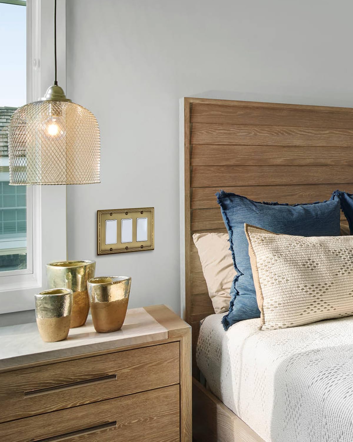 1-Pack Antique Brass Triple Decorator Wall Plates, 3 Gang Decorative Pearl Outlet Covers, Metal Face Plates for Electrical Outlets, GFCI, Dimmer Switch, 6.77''*4.88'', Midsize