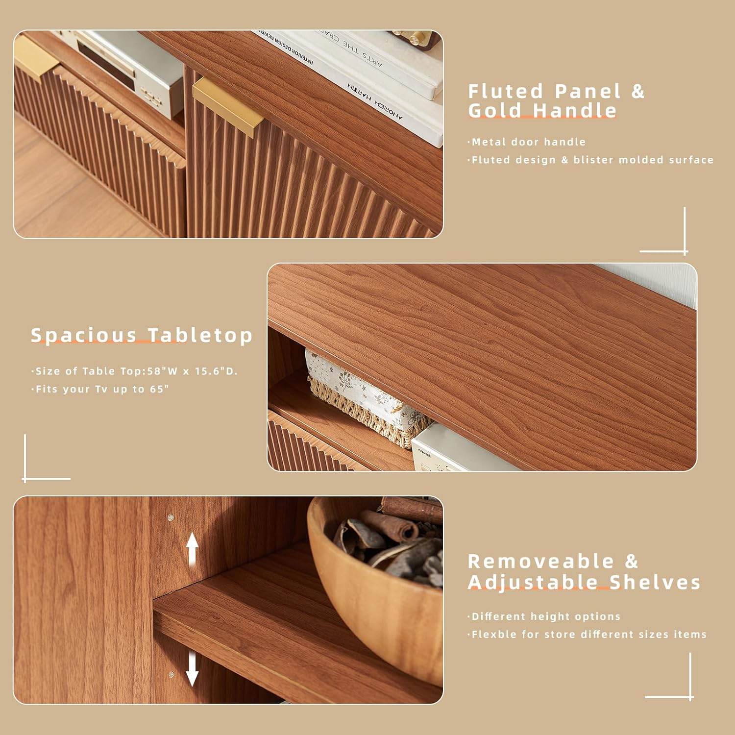 Okvnbjk Modern TV Stand for 65 Inch TV, Fluted TV Consoles for Living Room, Media Console with Soft Hinge & Drawer, Wood Entertainment Center with Storage, Mocha - Image 3