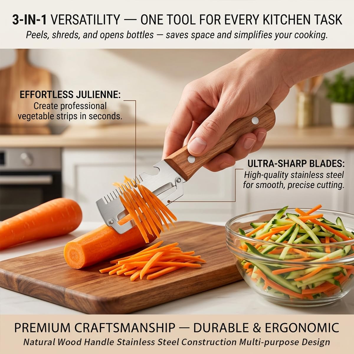 Vegetable Peeler for Kitchen – Multifunctional Stainless Steel Peeler with Wooden Handle & Bottle Opener, Durable for Fruits and Vegetables — view 5