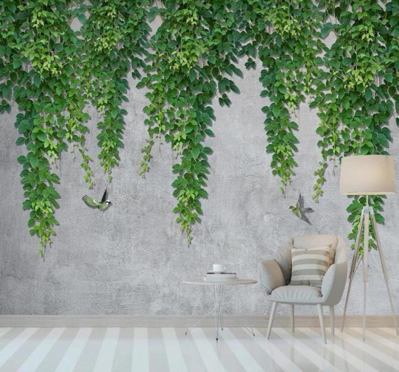 XLMING Grey Concrete Wall Green Leaves Vines Birds in Flight 3D Wallpaper Luxury Home Dining Decor Paste Sofa Living Room The Wall for Bedroom Mural-430cm×300cm