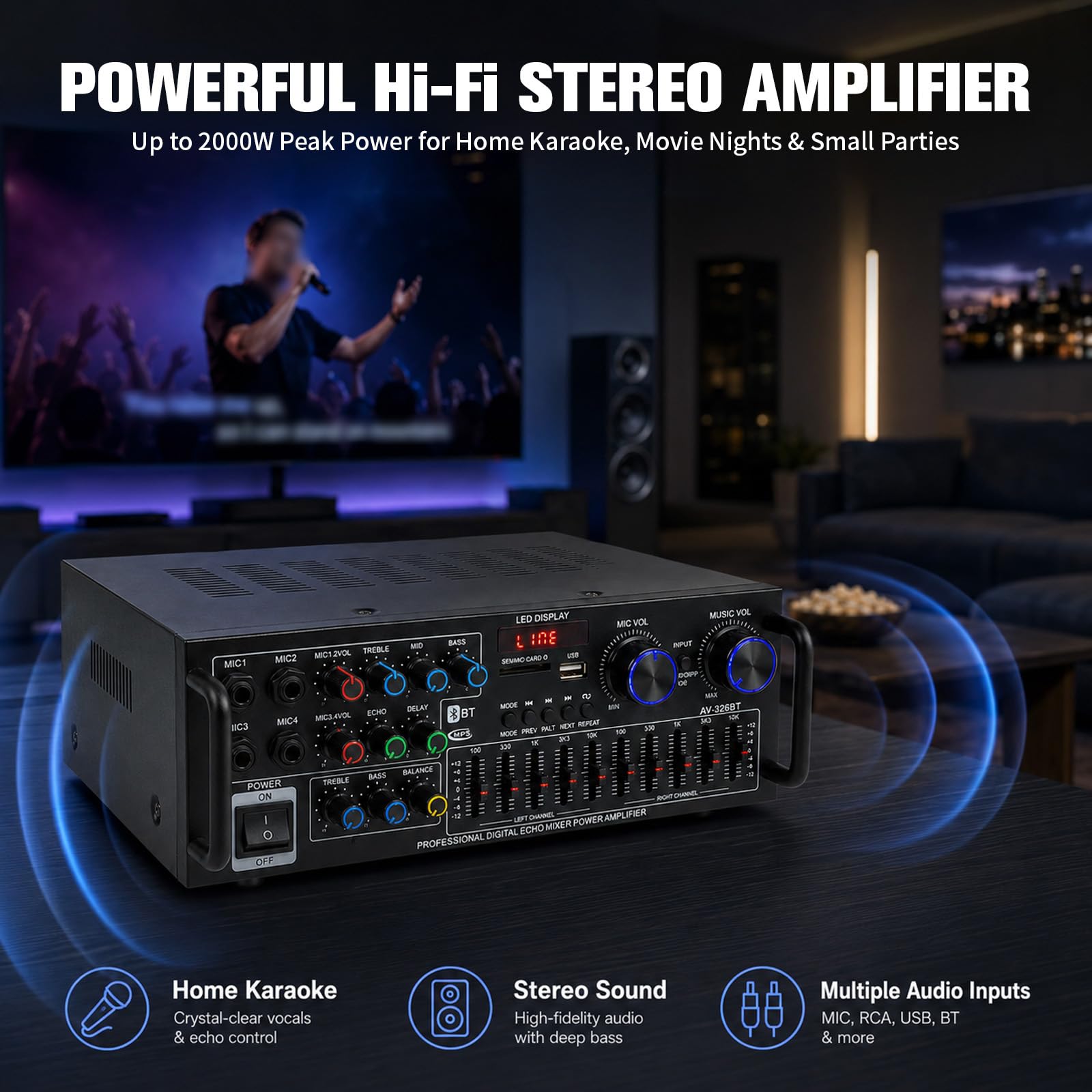 Amplificatore stereo HiFi da 2000 W, subwoofer Home Theater, amplificatore con Bluetooth 5.4, ricevitore audio FM, USB, SD, AUX, karaoke, mixer equalizzatore a 10 bande, 4 ingressi microfono, uscita