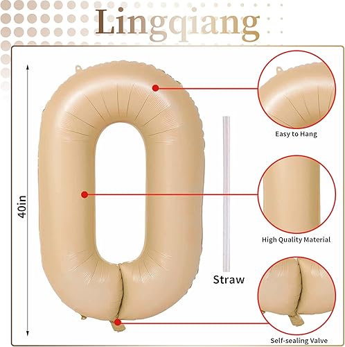 Miniatura 2 de Globos de cumpleaños número 30 beige para mujer globos gigantes de 40 pulgadas color marrón nude papel de aluminio con 30 números autoinflables