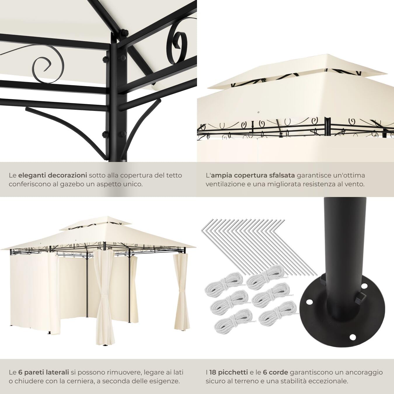 tectake® Gazebo da Giardino Deluxe, 400x300x265 cm, Gazebo Esterno Resistente con 6 Teli Laterali, Tendone da Esterno Regolabile ed Impermeabile, Resistente Raggi UV, Tenda Giardino, Sagre - Crema