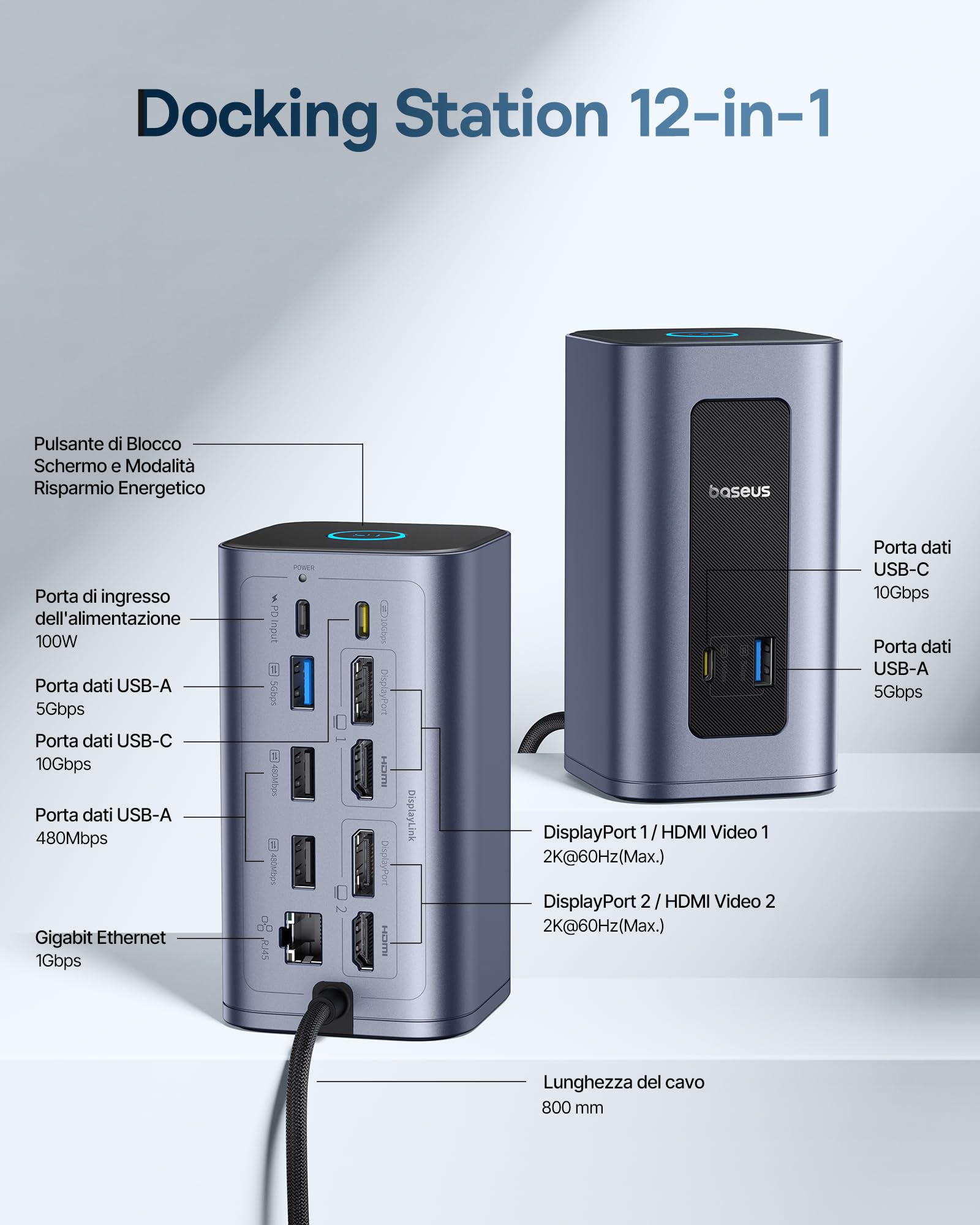 [Driver Displaylink Richiesto] Baseus Docking Station USB-C, Nomos Air Mac 12 in 1, 2 Monitor, 2K HDMI o DP, porte USB 10 Gbps, 100W PD, Ethernet, Compatibile con macOS (senza alimentatore)