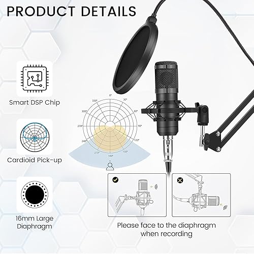 Miniatura 2 de Paquete de equipo de podcast, paquete de estudio de grabación con micrófono de podcast y cambiador de voz, tarjeta de sonido en vivo, interfaz de
