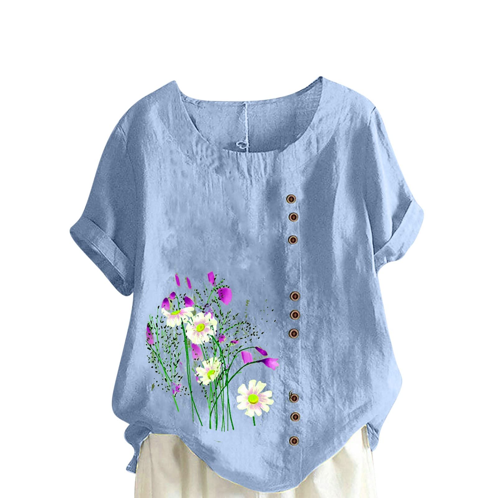BXJXWomens Linen Tops 2024 Dressy Casual Crewneck Button Down Floral Blouse Tops Comfy Cotton Summer Clothes
