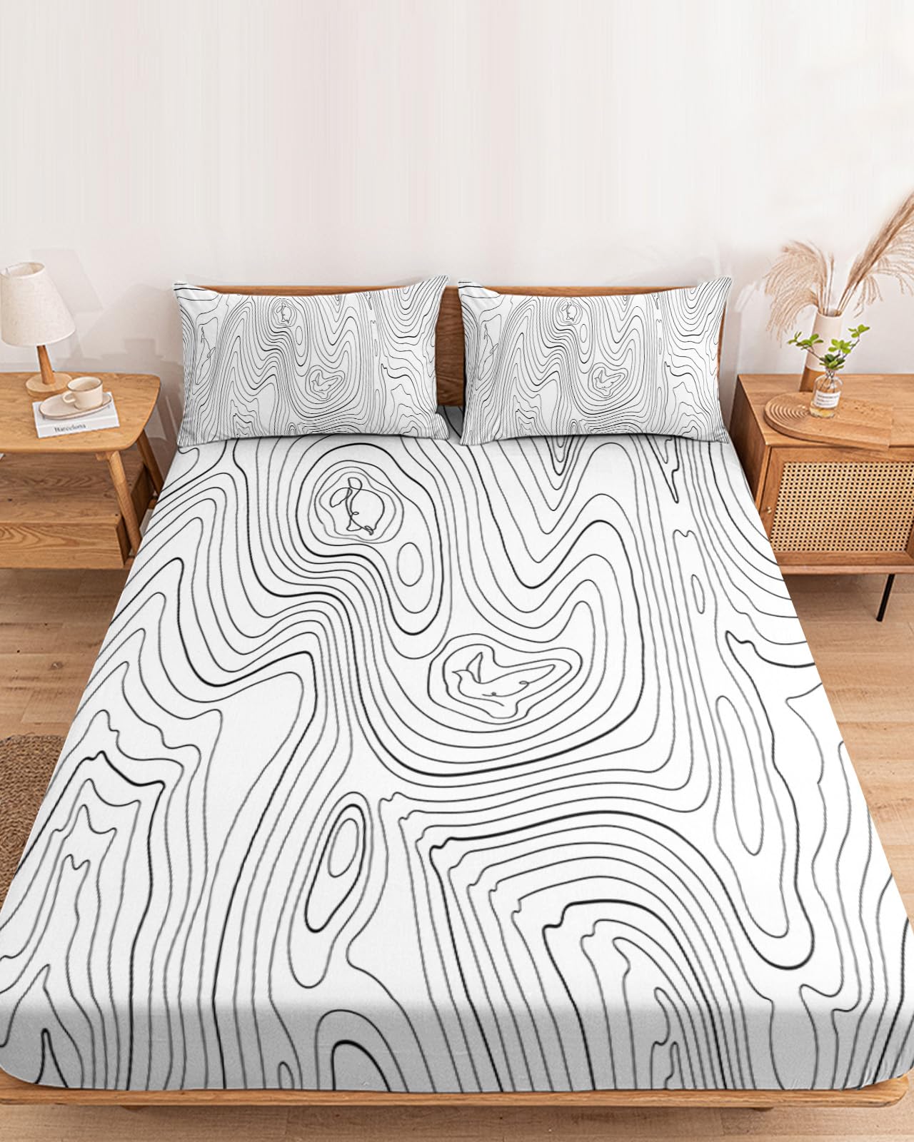 Ruian StoreBedding Queen Size Fitted Sheets Fit 5"-16" Deep Pocket Mattress,Abstract Mountain Line Texture Soft Bottom Sheet Topography Contour on White Fitted Sheet Bed Set with Pillow Case