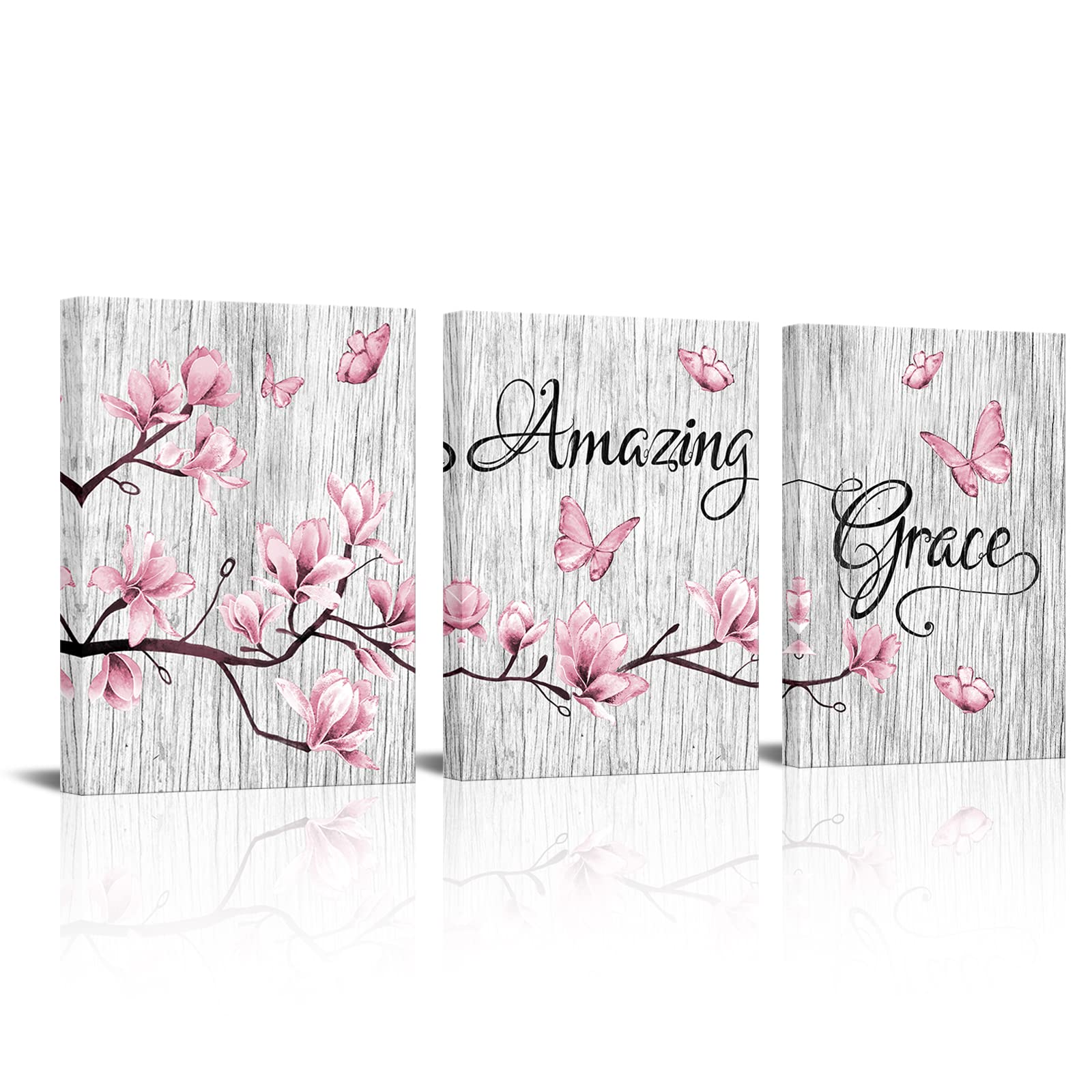Visual Art DecorAmazing Grace Quote Gift Canvas Prints Wall Art Elegant Pink Magnolia Flowers with Butterfly Painting Rustic Grey Farmhouse Wooden Background Picture for Living Room Bedroom Bathroom