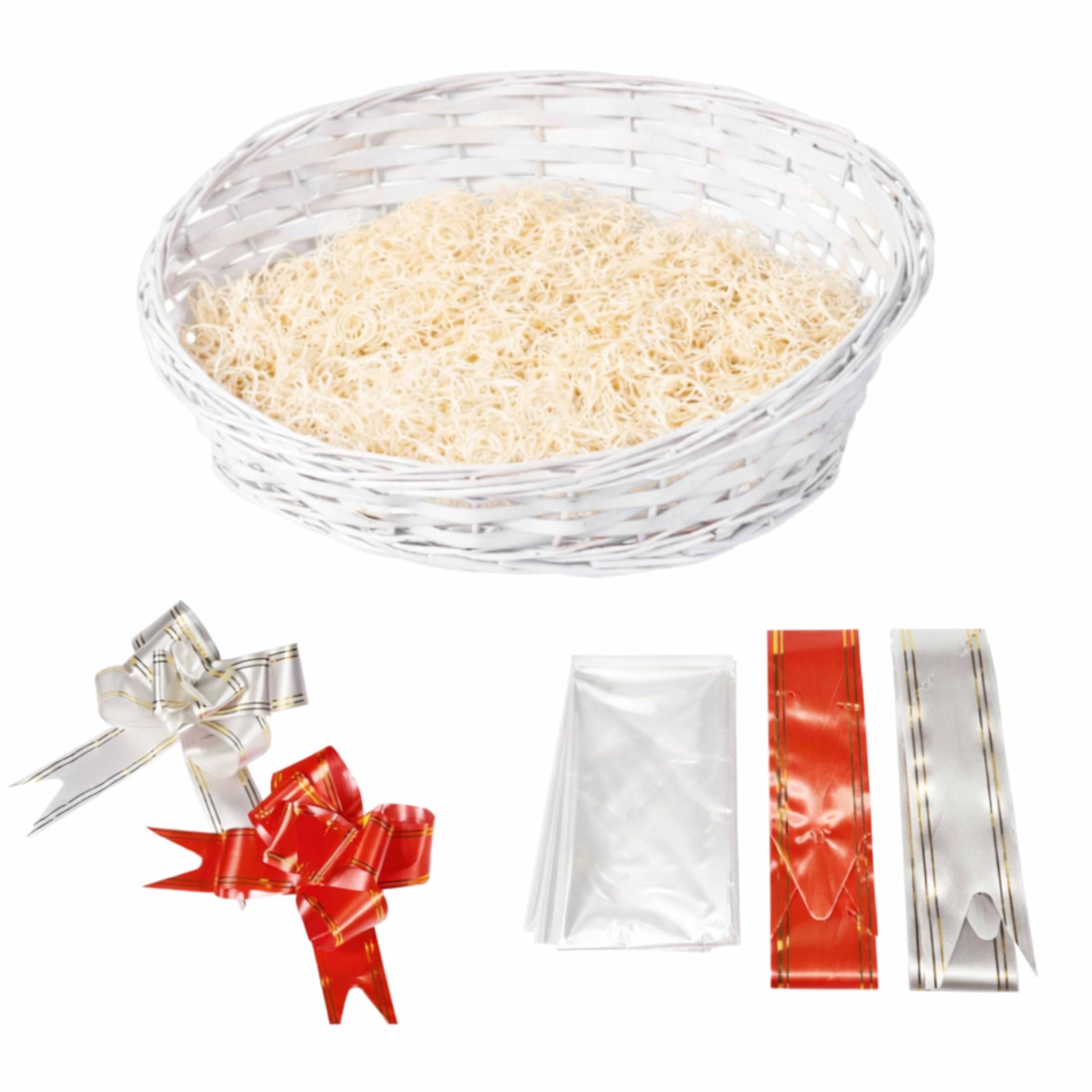 ADEPTNA Premium Wicker Gift Hamper Basket Kit Create Your Own Festive Present – Includes Cellophane Bag Ribbon and Wood Wool (WHITE)