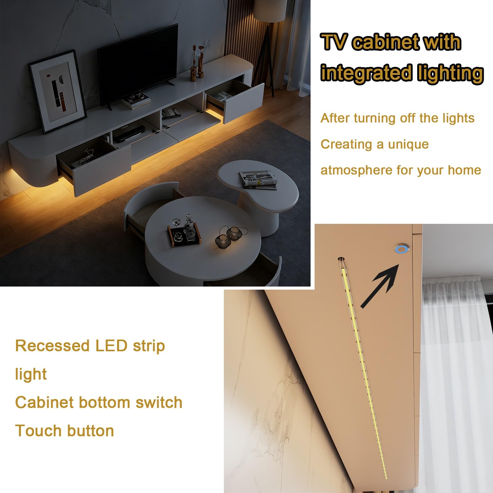 Mobile TV sospeso da parete con porta da 160 cm, ripiani per console multimediale per soggiorno e camera da letto, elegante sotto la TV, soluzione moderna per l'intrattenimento domestico