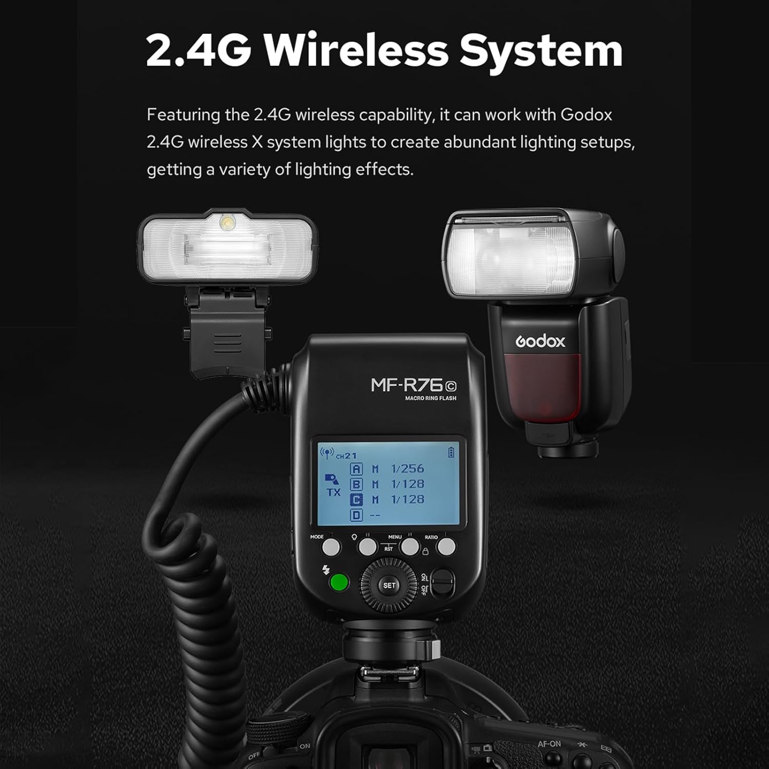 Godox MF-R76N i-TTL Macro Ring Flash Light GN14 10 Levels Adjustable Brightness with 8pcs Adapter Ring Large Capacity Battery Replacement for Nikon Camera