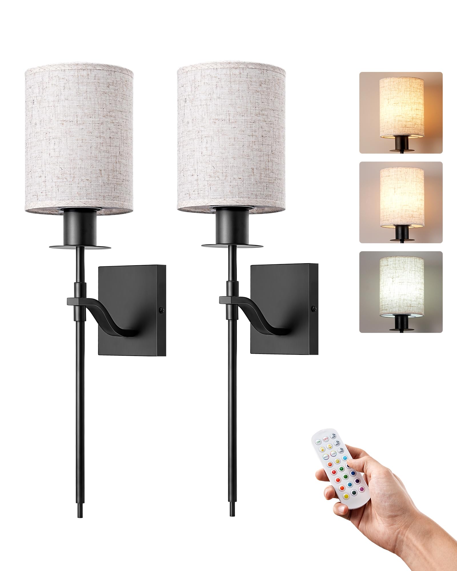 EDISHINE 2er Set Akku Wandleuchte Innen, RGBW LED Wandlampe Ohne Stromanschluss, E27 dimmbar mit Fernbedienung, 12 Farben, 2 dynamische Modi, 3 Farbtemperaturen, USB Aufladbar, Beige & Schwarz