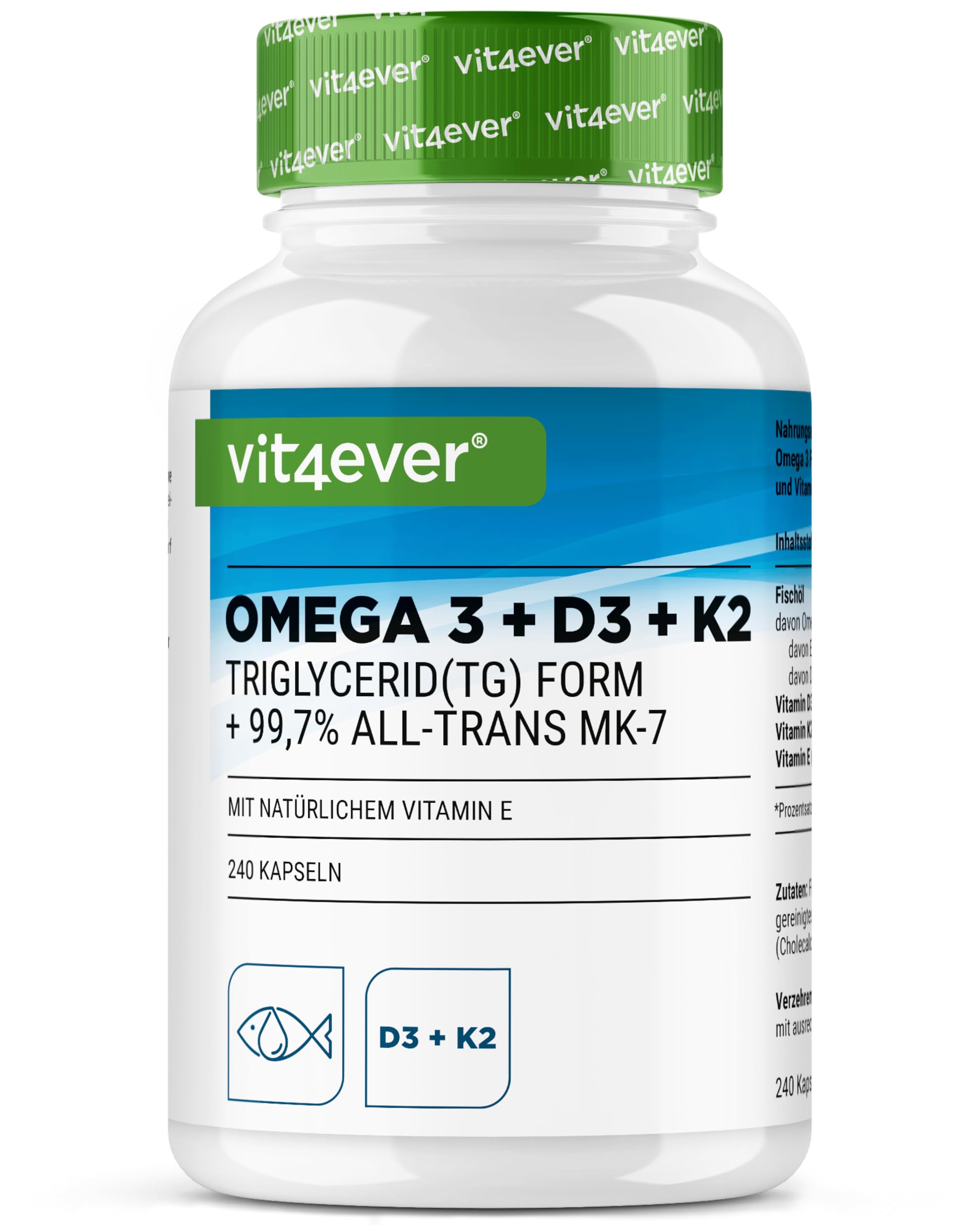vit4ever Omega 3 + Vitamin D3 + K2 mit 240 Kapseln 4 Monate Vorrat - Hochdosiertes Fischöl mit EPA & DHA - Premium 99,7+% All-Trans K2 mit Omega 3 in Triglycerid Form und bioverfügbares D3