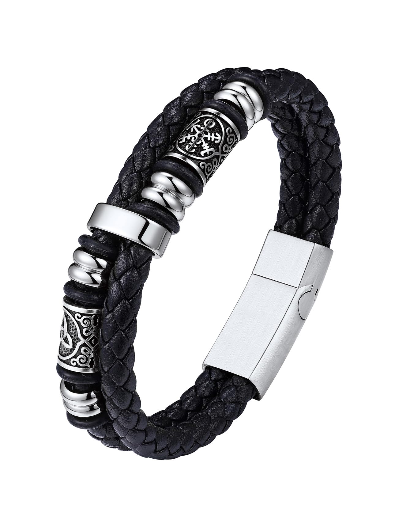 Bestyle pulsera cuero hombre Viking Brújulas Cuentas 19cm/21cm/23cm/25cm con Cierre Magnético de Acero Inoxidable Pulseras de Cuero para Pardre Esposo Novio